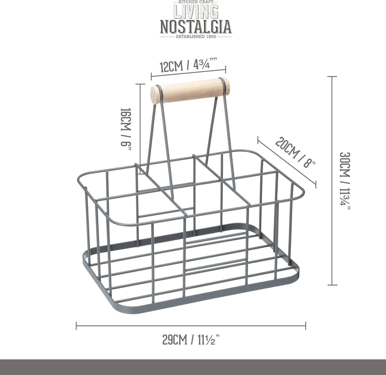 KitchenCraft Living Nostalgia Milk Bottle Holder Doorstep, Milk Crate, Wire Metal with Wooden Handle, 29 x 2 x 13cm, Grey