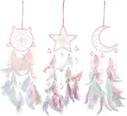3 peças Apanhador de Sonhos Lua Cabeça de Gato Design de Estrela Feito à Mão Design Tradicional Artesanato Arte de Parede Decoração de Casa Quarto Casamento (Rosa Sonhador, Estilo Bonito)