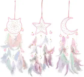 3 peças Apanhador de Sonhos Lua Cabeça de Gato Design de Estrela Feito à Mão Design Tradicional Artesanato Arte de Parede Decoração de Casa Quarto Casamento (Rosa Sonhador, Estilo Bonito)