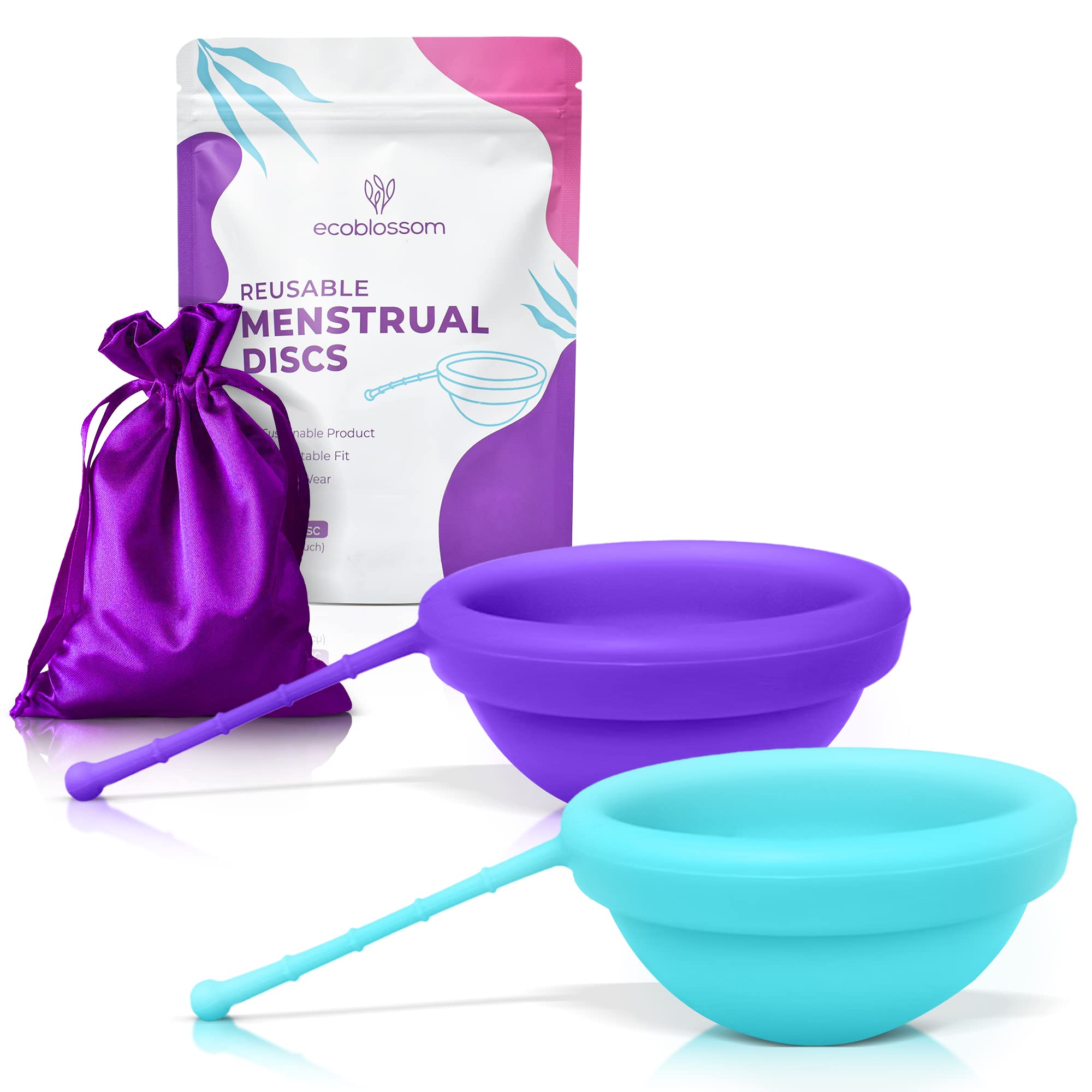 Ecoblossom Reusable Menstrual Disc - Menstrual Cup - Soft Period Disc for women Designed with Flexible, Medical-Grade Silicone Period Cup (Pack of 2, Violet & Teal) Small & Regular (Violet & Cyan)