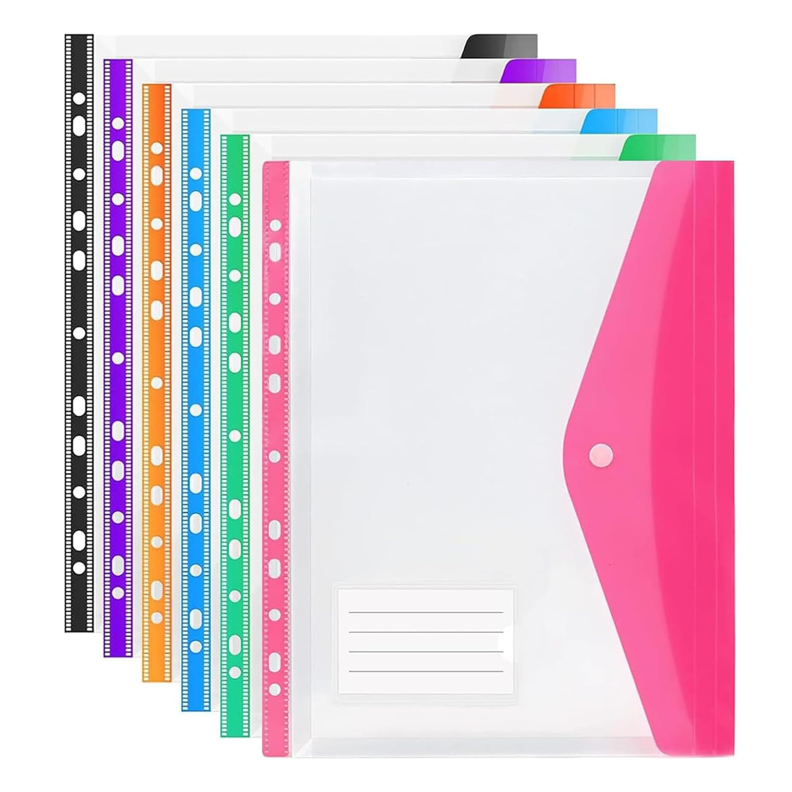 Punched Pockets A4 Plastic Wallets Side Opening Multicolor Expandable File Folders 11 Holes Large Capacity Binder Pocket with Snap Fastener and Label Pocket for School Home Office(Horizontal-6 Packs)