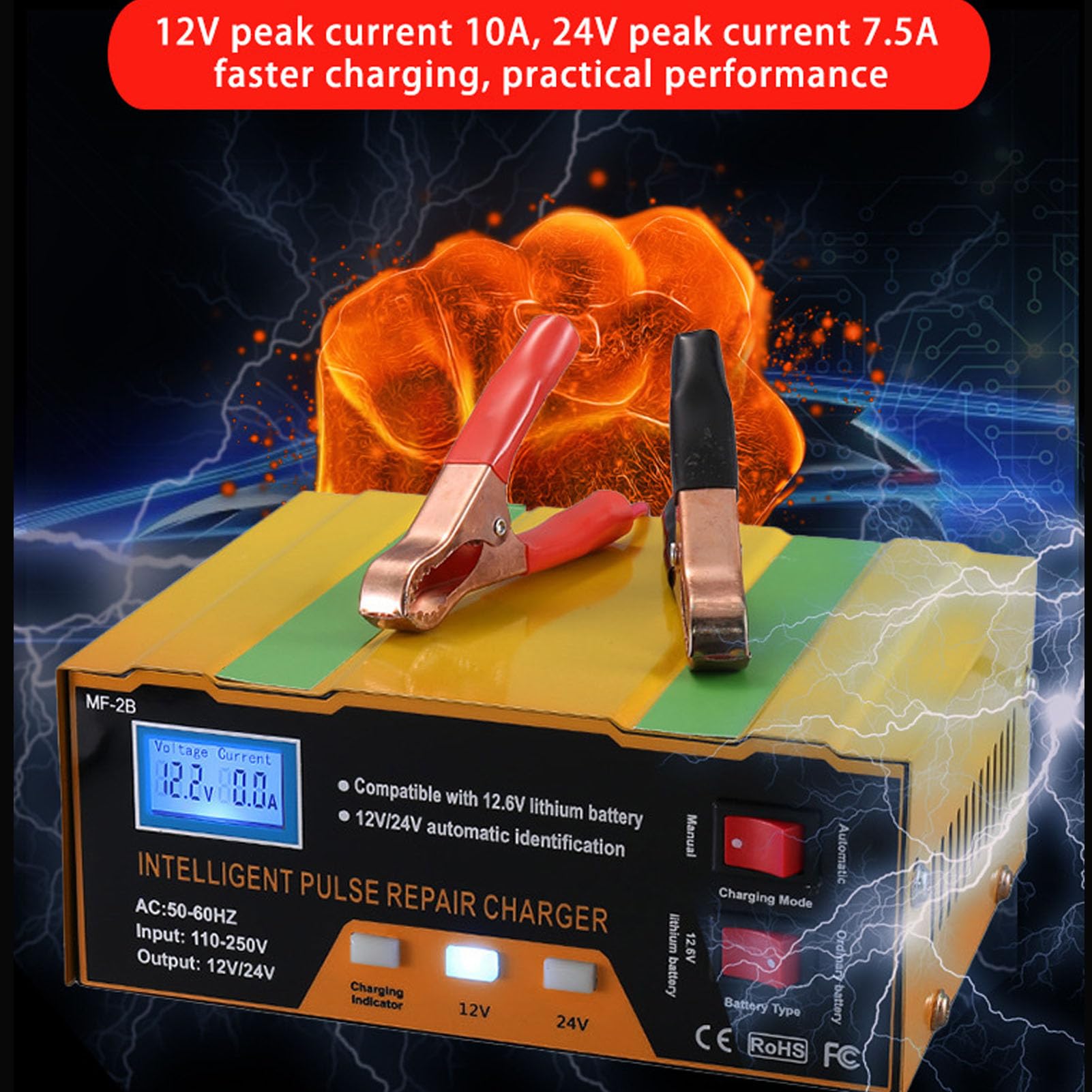 Fockety Cargador de Batería para Automóvil, 12V 10A 24V 7.5A 180W Mantenedor de Batería Automático Inteligente, para Deportes de Potencia, Botes, Cortacésped, Motocicletas y Marinos (Enchufe de la UE)