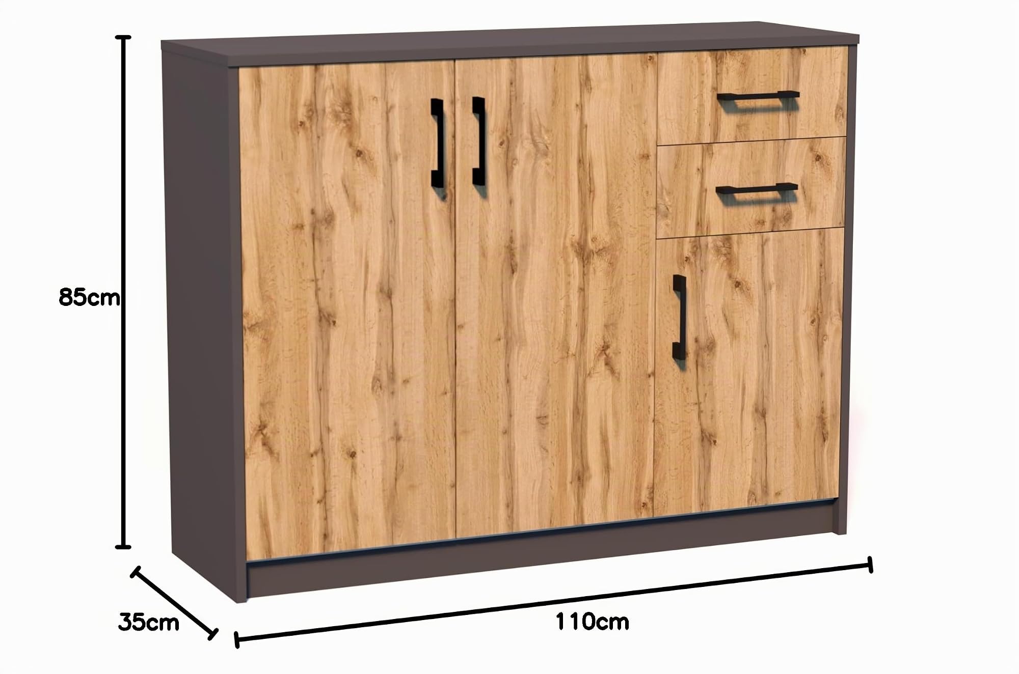 Commode avec 2 tiroirs et 3 portes en finition mate, commode de 110 cm de large avec poignées en polymère de haute qualité, commode en bois avec tiroirs - Fabriquée en panneau laminé chêne graphite