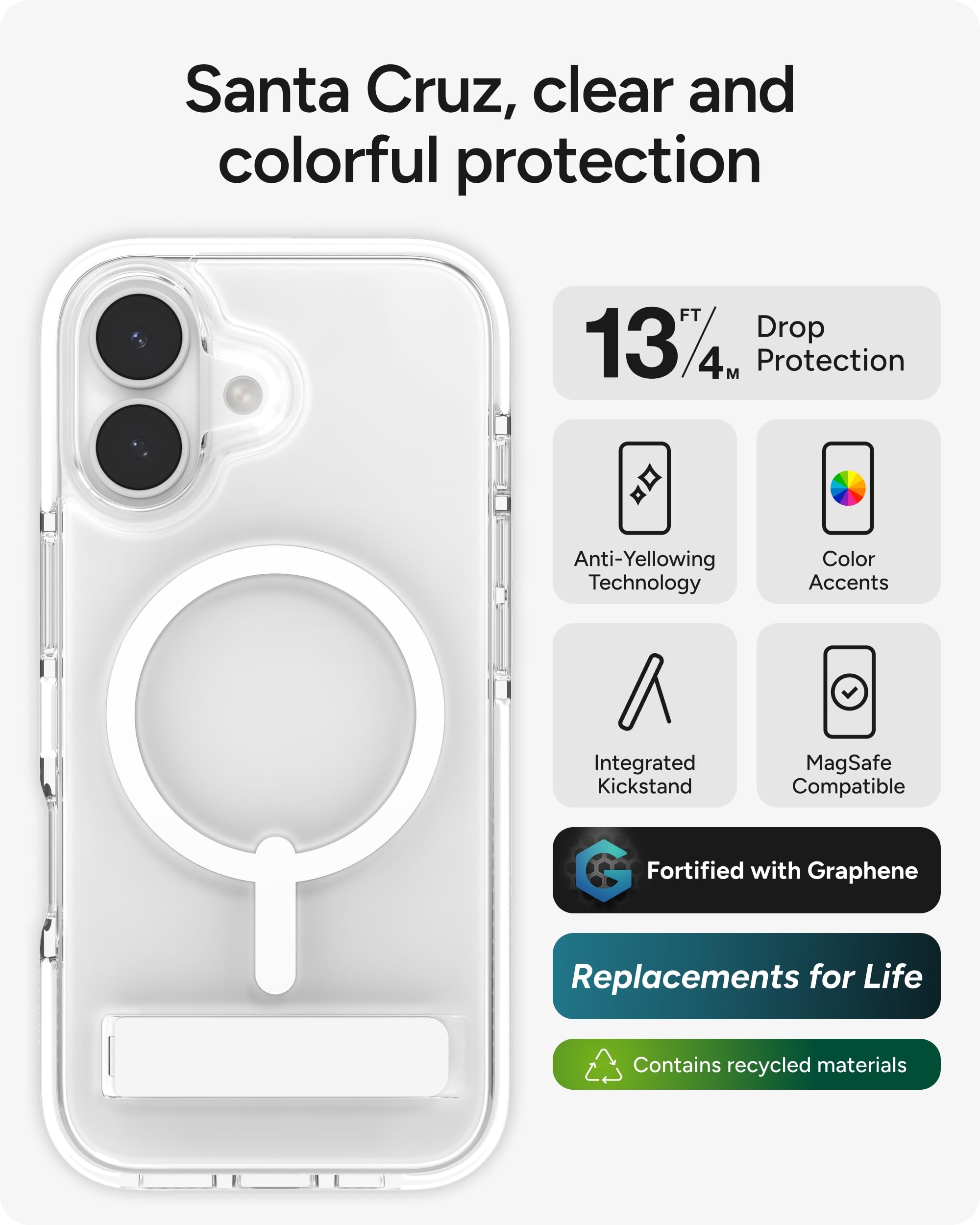 Zagg Santa Cruz Schnapp-Schutzhülle mit Ständer für iPhone 17, transparent, Fallschutz (4 m), MagSafe-Ladekompatibel, ClearGuard-Anti-Vergilbungstechnologie, Kratzfeste Hülle, weiß