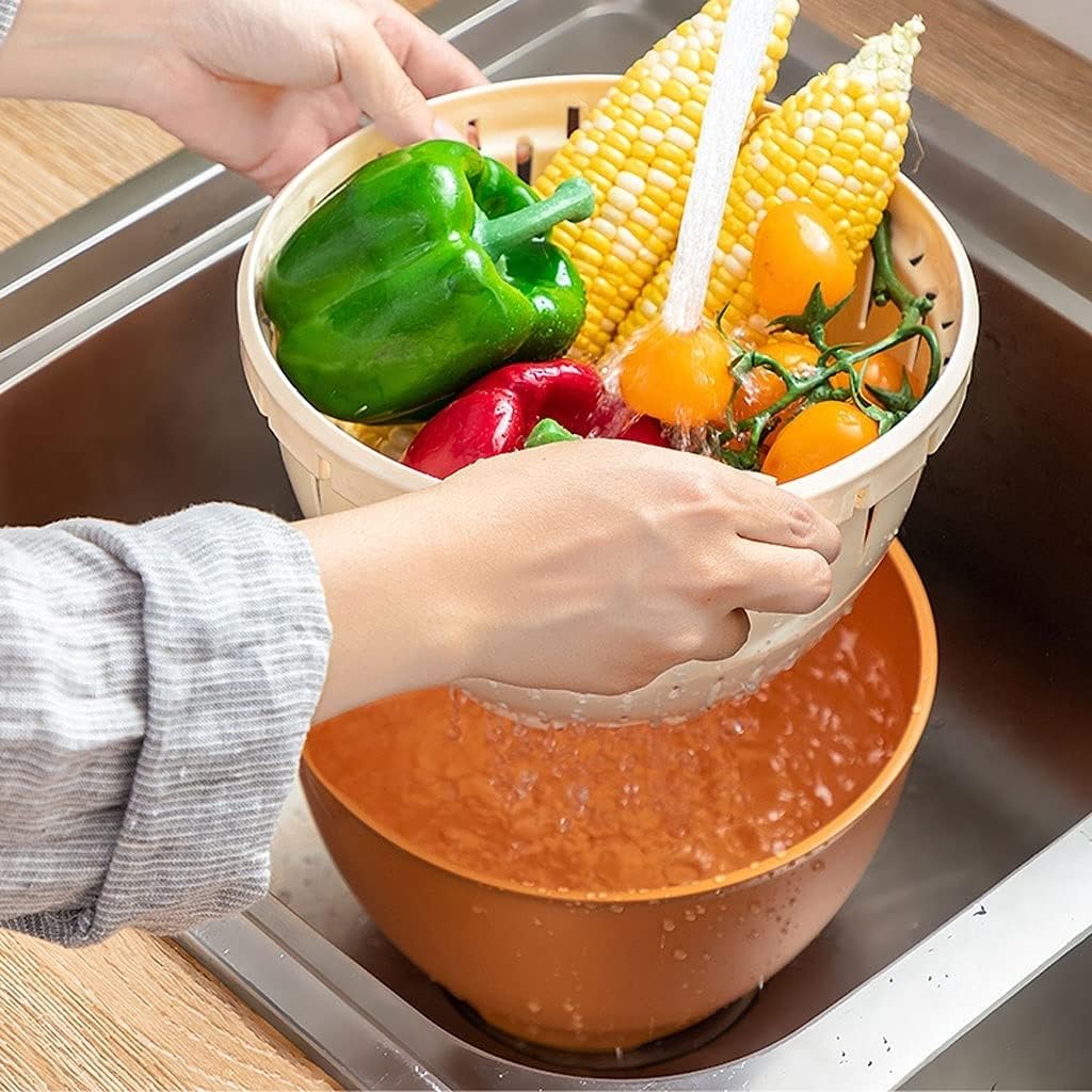 Draining Rack 2-in-1 Multi-Function Kitchen Colander/Strainer Bowl Set Stackable Refrigerator Bins Baskets with Lids and Removable Drain Basket for Veggie Fruits Drainage Rack(B,Large)