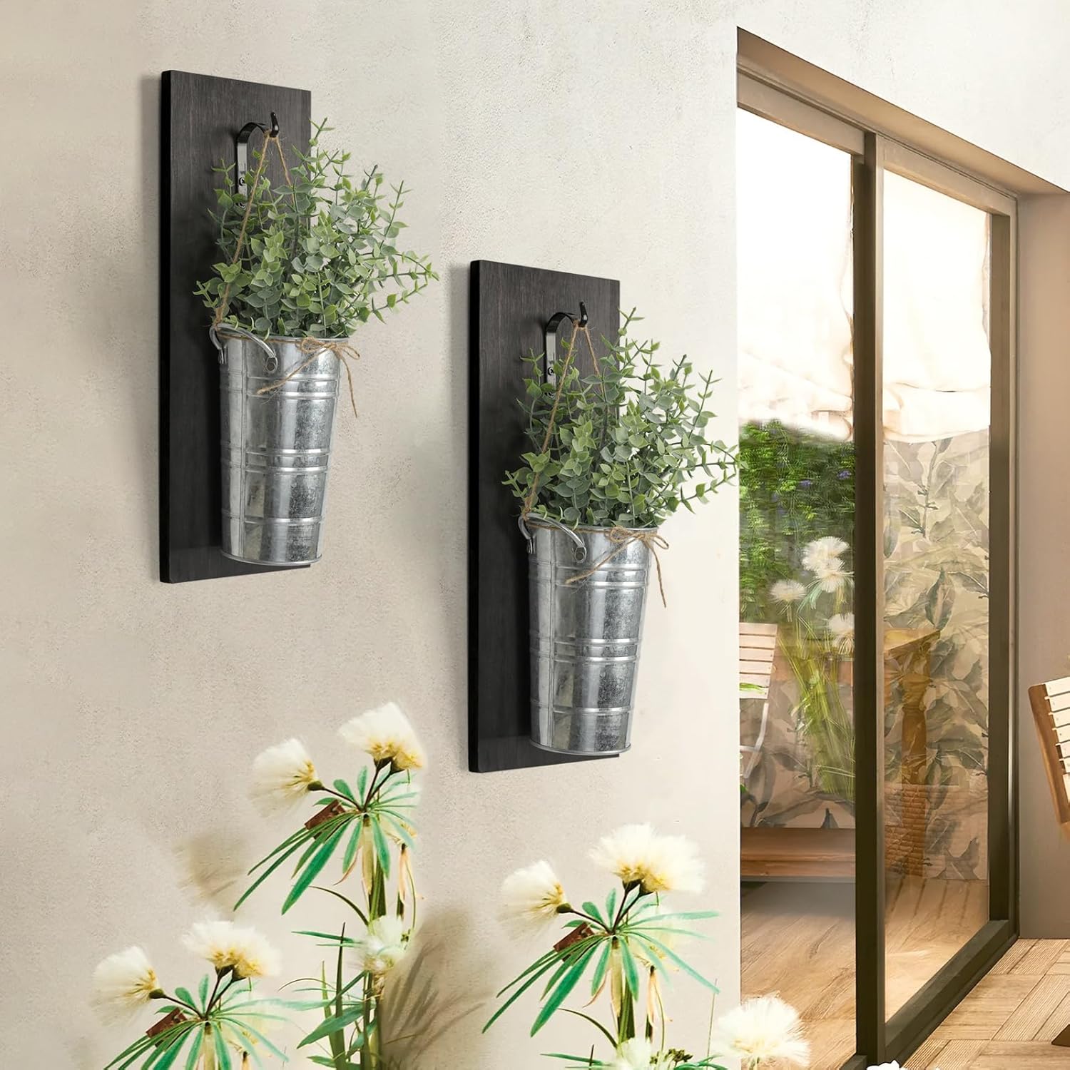 SHOHAYTO Farmhouse Wall Decor Set of 2 - Wood Hanging Planters with Artificial Eucalyptus, Rustic Vertical Pocket Vases for Bathroom Kitchen, Indoor Greenery Decor