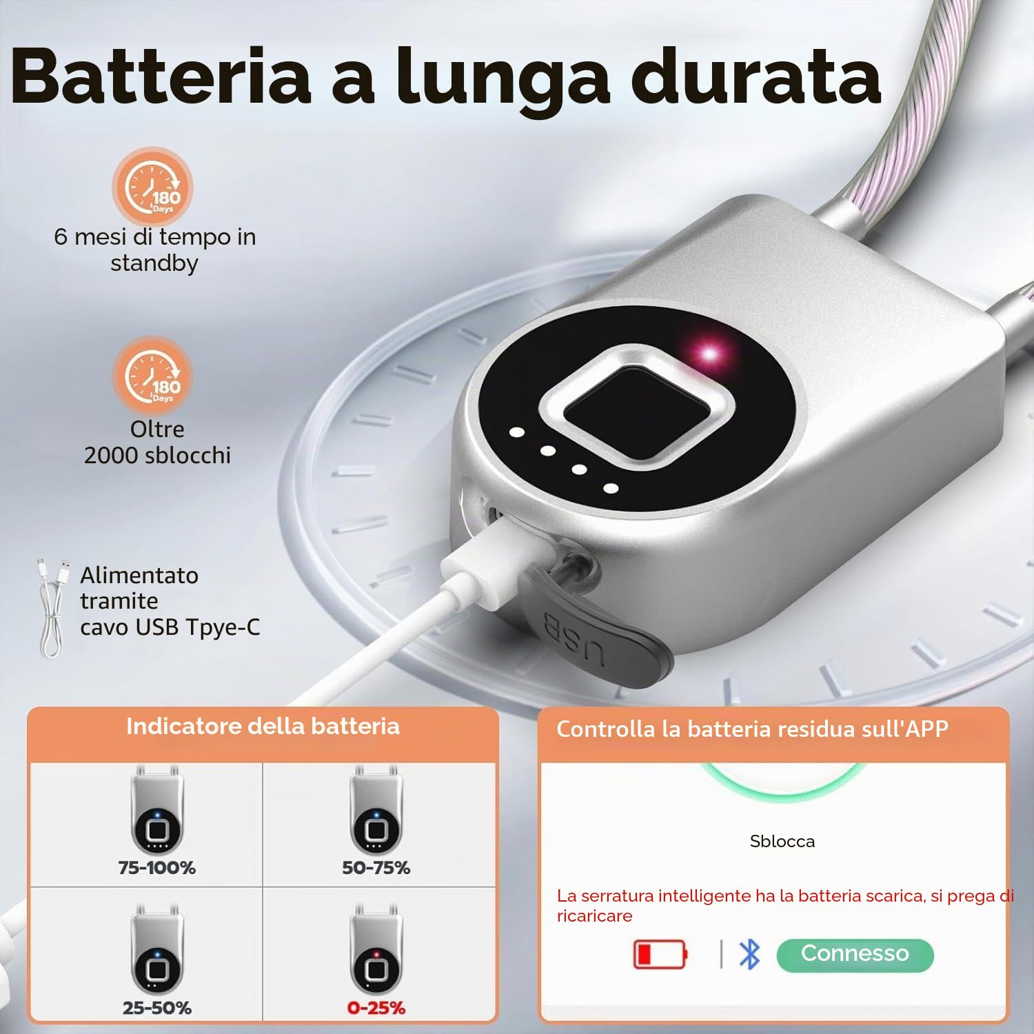 Lucchetto elettronico eLinkSmart per bicicletta con impronte digitali e app telefonica: lunghezza 38 cm, impermeabile, senza chiave