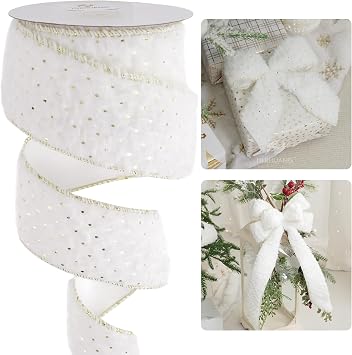 HUIHUANG Christmas Ribbon White Faux Fur Wired Ribbon with Gold Polka Dot, Gold and White Christmas Ribbon for Trees, Bows Making, Wreaths, Garlands, Gift Wrapping, Home Decor- 2-1/2" X 10 Yards