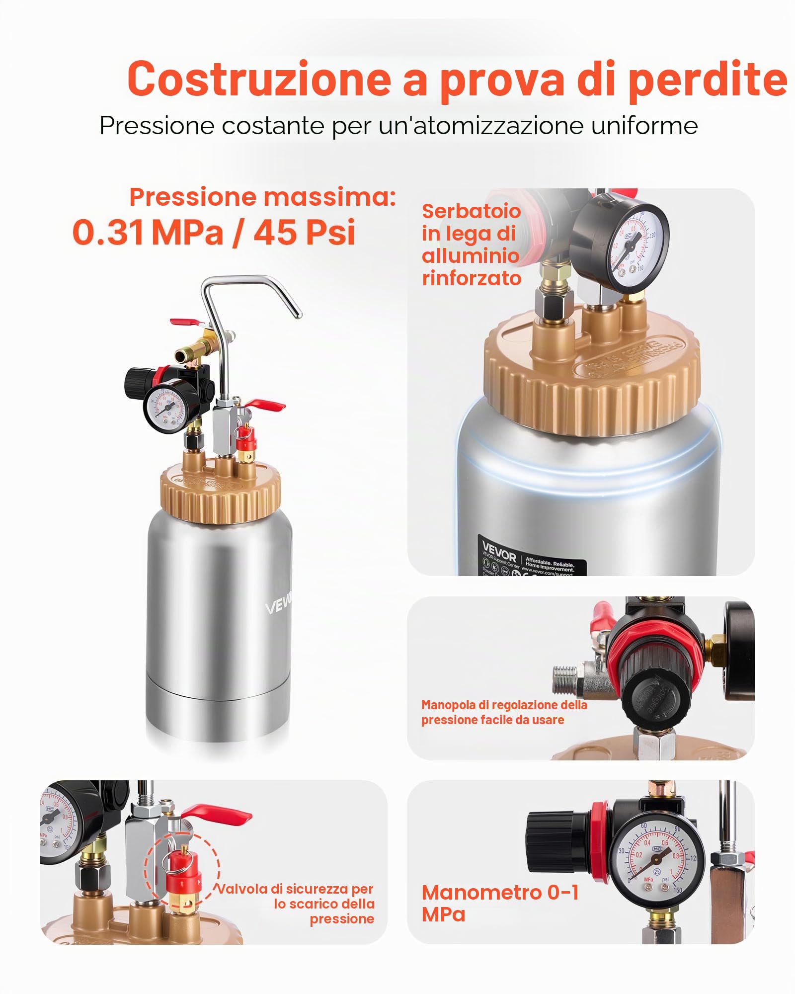 VEVOR Serbatoio Spruzzatore di Vernice, 2 L Serbatoio a Pressione per Spray Spruzzatore di Vernice a Spruzzo Pneumatica Centrale con Due Tubi per Mobili, Auto, 3 Comandi Regolabili