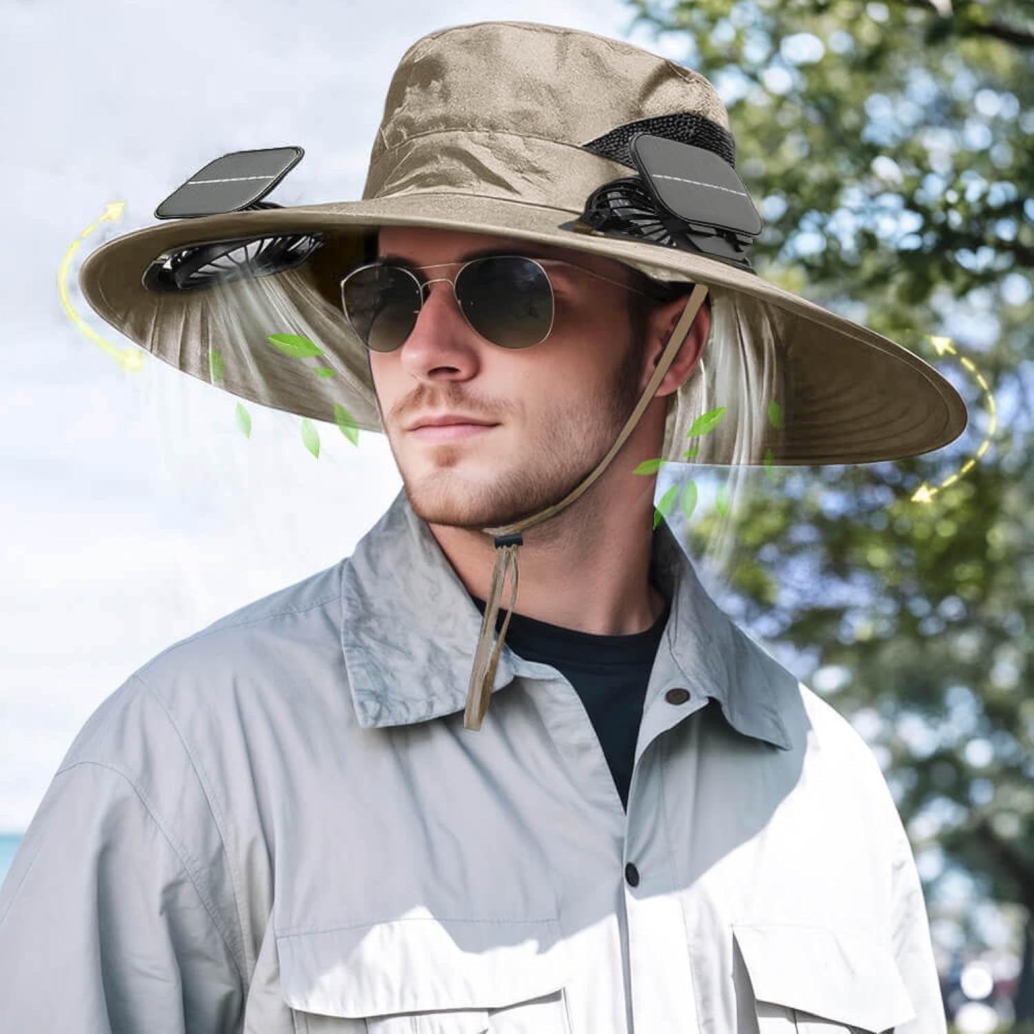 Solar Powered Fan Hat for Men Women Wide Brim Hat with 2 Fans UPF 50+ Outdoor Fishing Beach Sun Hat - Image 3