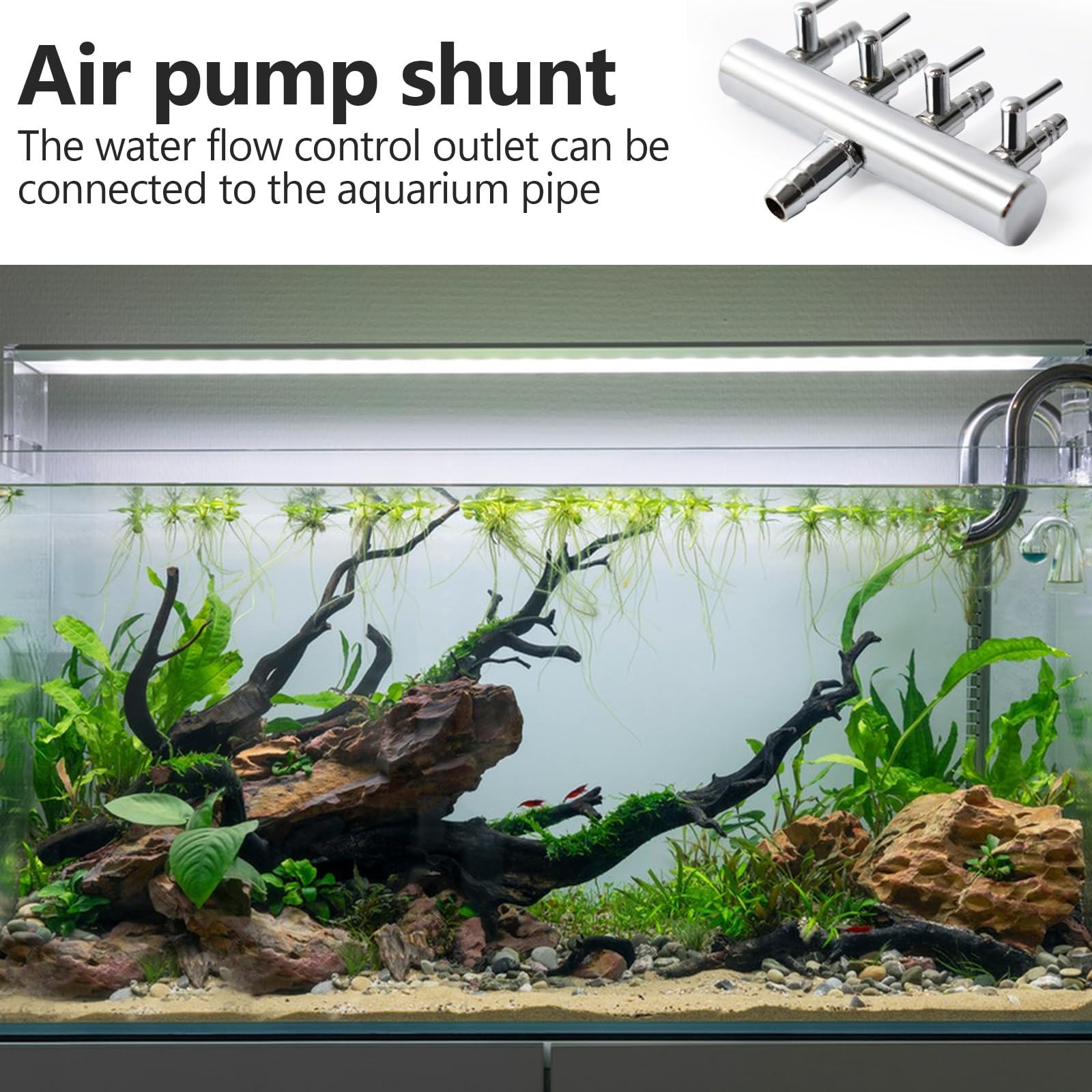 Distributeur d'air en acier inoxydable - Régulateur de flux d'air - Clapet anti-retour réglable - Valve d'air d'aquarium - Entrée 8 mm - Sortie 4 mm - Distributeur de pompe à air - Aquarium