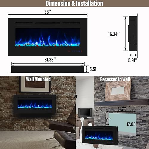 Miniatura 5 de Chimenea eléctrica de 36 pulgadas, calentador de chimenea empotrado y de pared, inserto de chimenea silencioso y lineal con color de llama ajustable