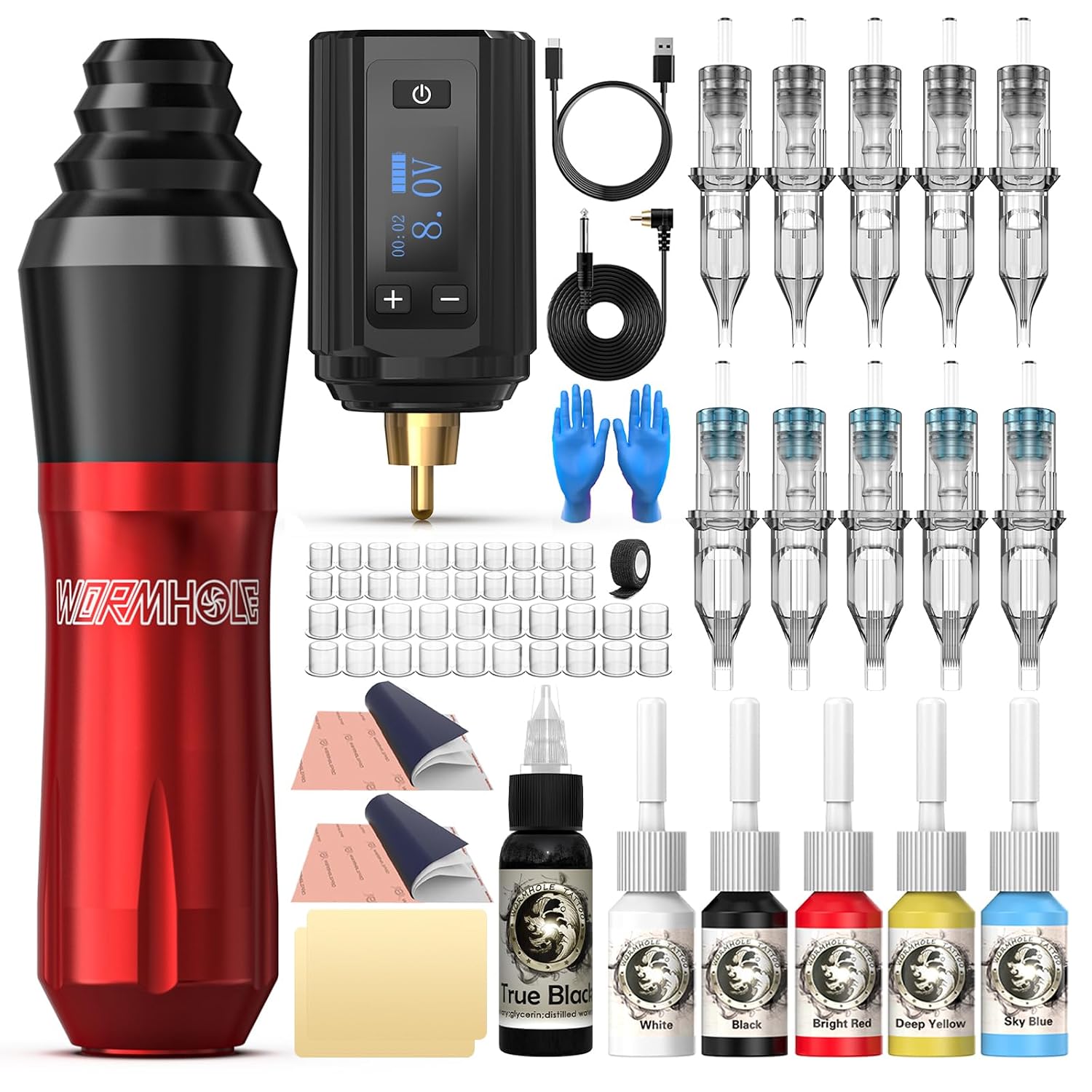 Wormhole Tattoo Gun, Complete Professional Wireless Tattoo Kit with Rotary Tattoo Pen, Tattoo Machine with Power Supply Tattoo Ink Needles Practice Skin for Beginners Artists