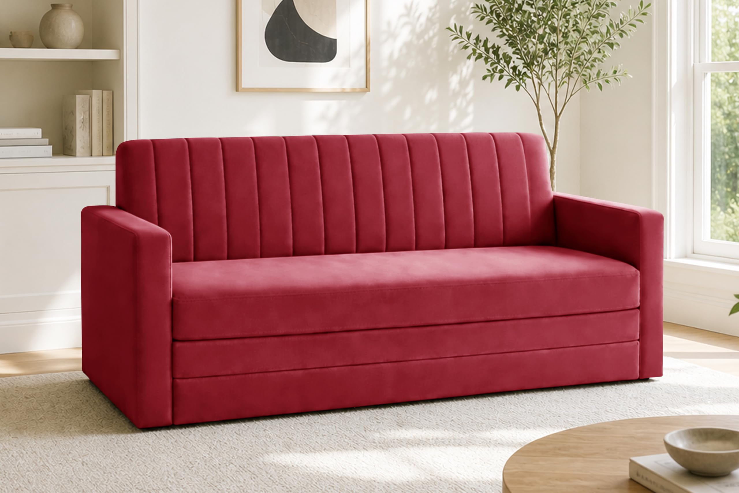 Ministry of Décor Modern 3 Seater Sofa Cum Bed with Armrest, Velvet Fabric Couch for Living Room, Space Saving Foldable Sleeper Sofa, (Red-Color)
