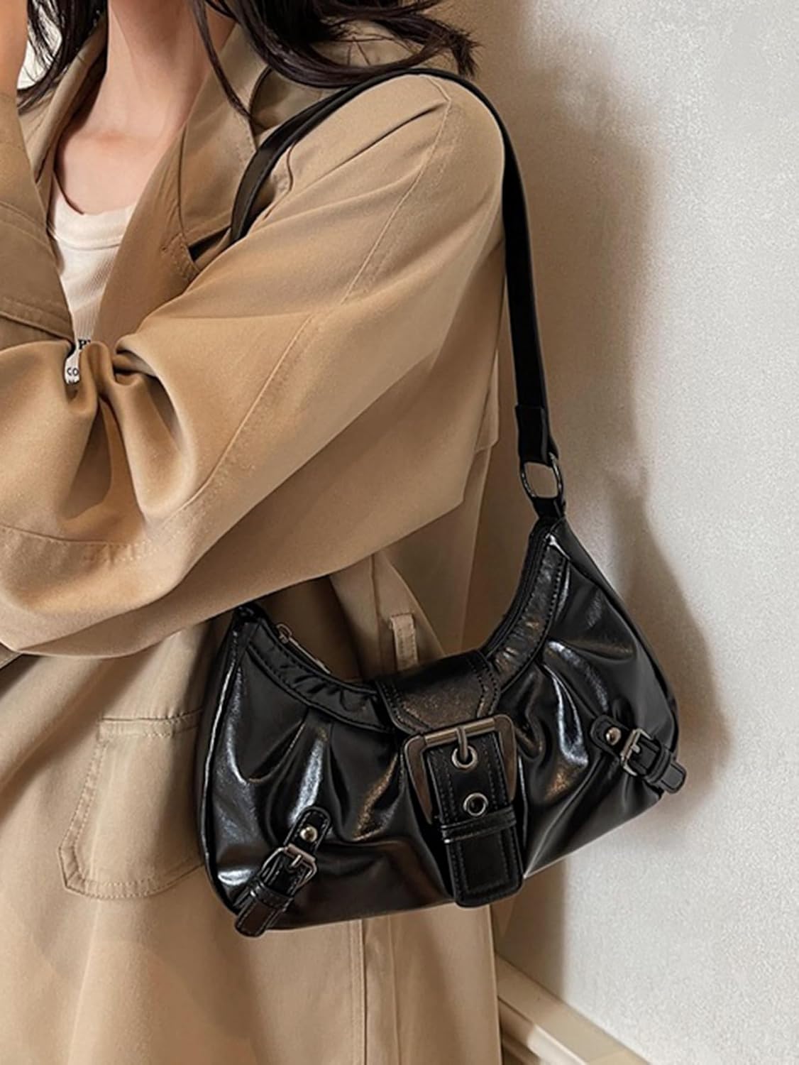 Women's Glossy PU Leather Top Handle Y2k Buckle Shoulder Bag Retro Punk Handbag Clutch Purse - Image 4