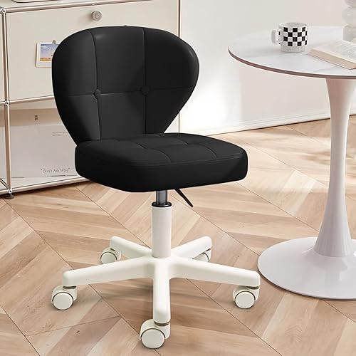 Silla de oficina pequeña con soporte lumbar, silla de escritorio giratoria sin brazos de piel sintética, altura ajustable, silla rodante compacta