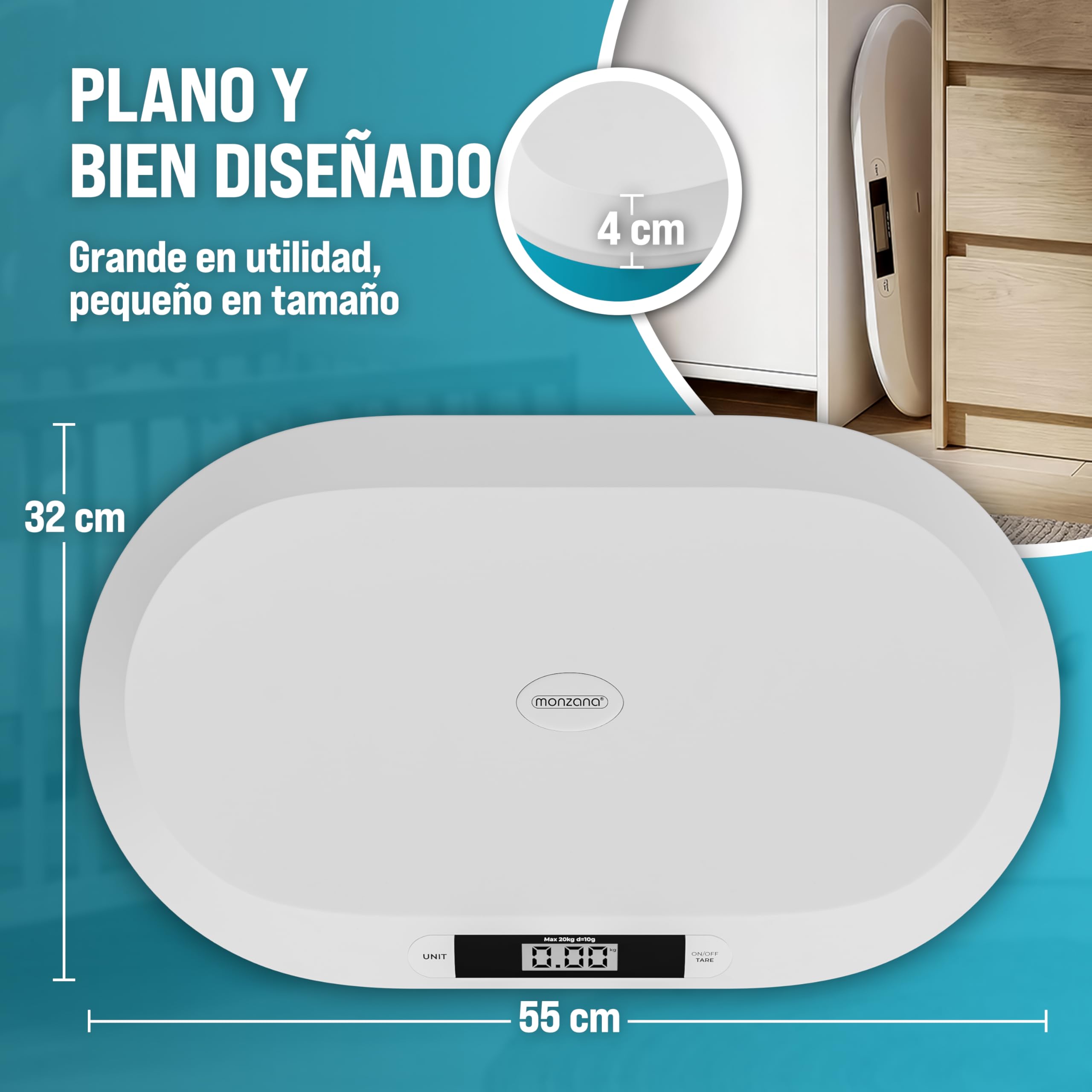 MONZANA® Báscula Bebé Digital hasta 20Kg Superficie Apoyo Amplia Segura Antideslizante Pantalla LED Apagado Automático Función Tara y Retención Recién Nacidos Mascotas Pequeñas