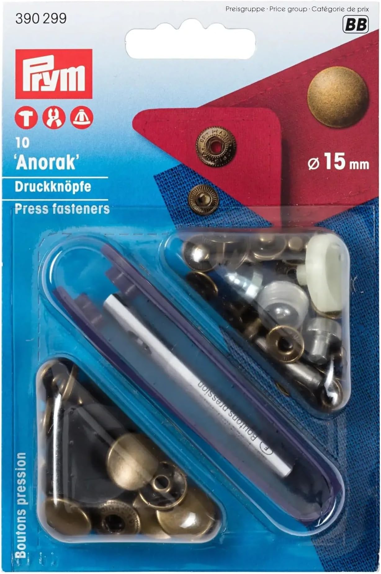 PRYM_390299-1 Non-sew Fasteners Anorak Antique Brass 15 mm