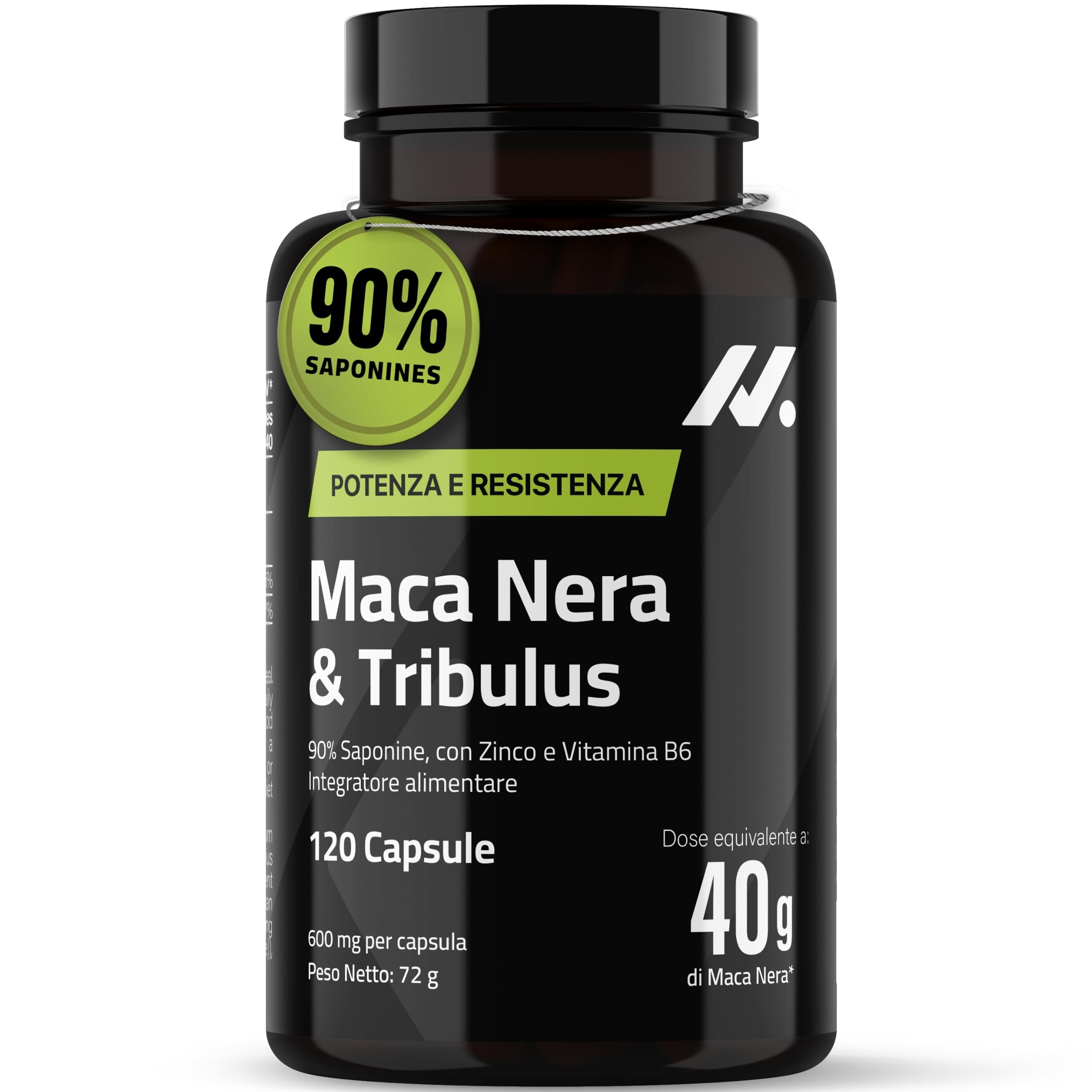 Tribulus Terrestris 90% Saponine + Maca Nera 40.000 mg – con Zinco e Vitamina B6 – 120 Capsule Vegane – Nyvos
