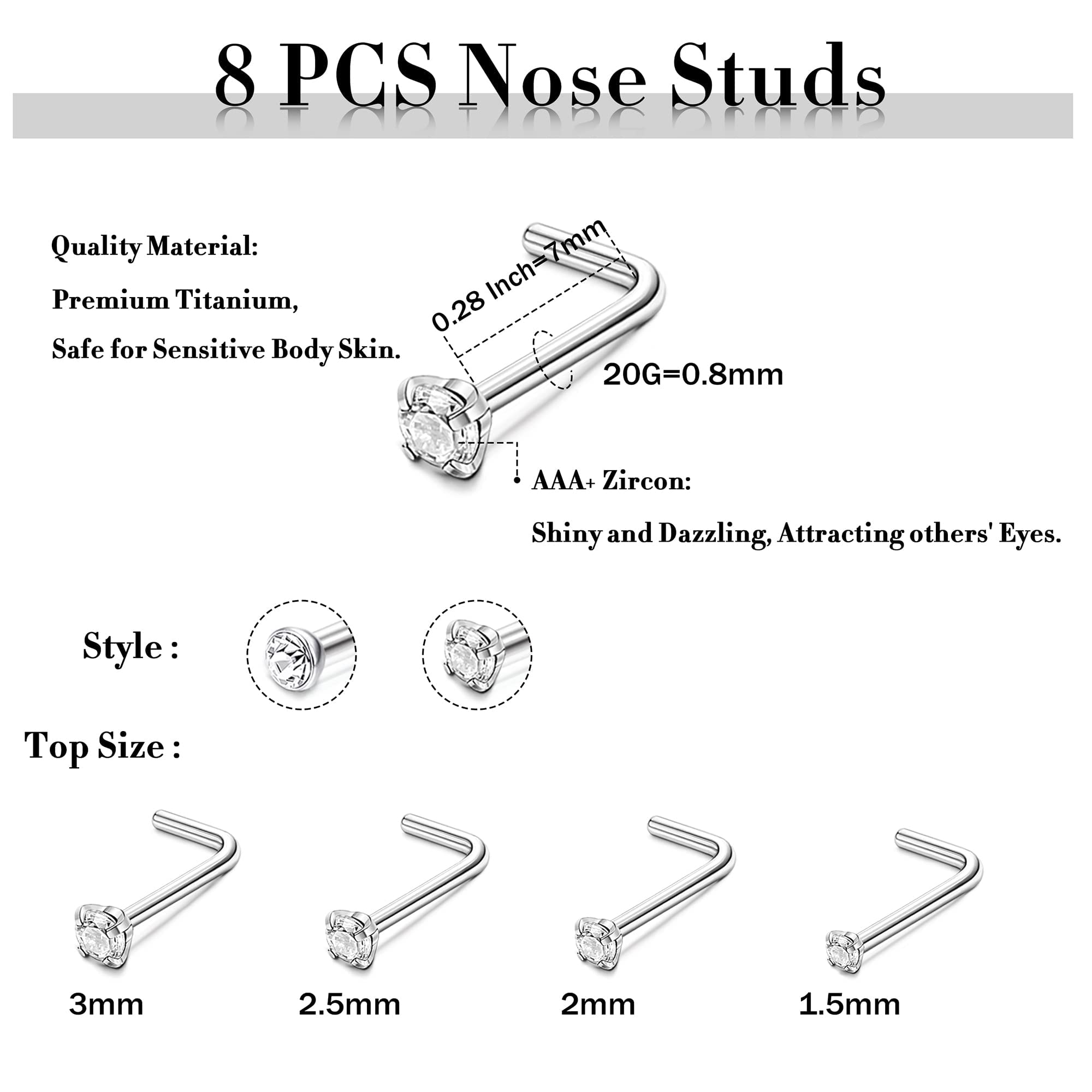 Adramata Titanium piercing do nosa dla kobiet i mężczyzn G23 Tytanowy CZ piercing do nosa, szpilka do nosa, proste śruby, nosy, ucho, tytanowa biżuteria, 1,5 mm, 2 mm, 2,5 mm, 3 mm, 20 g, Tytan