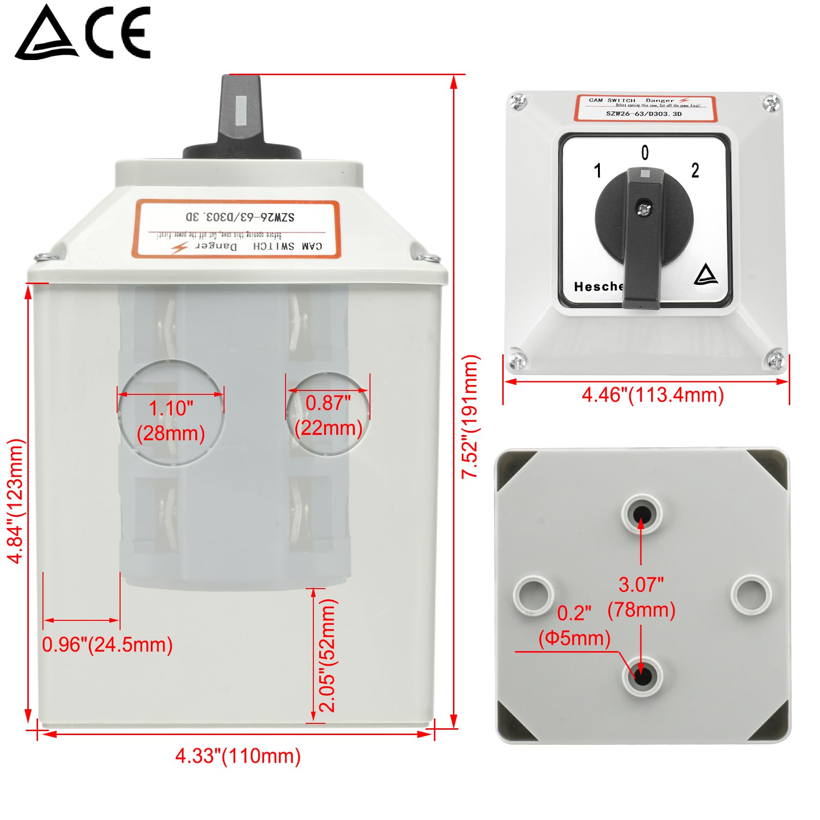 Heschen Interruptor de cambio de selector de leva giratorio universal, SZW26-63/D303.3D, 660V 63A, ON-OFF-ON 3 posiciones, 3 fases 12 terminales, con caja exterior de interruptor maestro