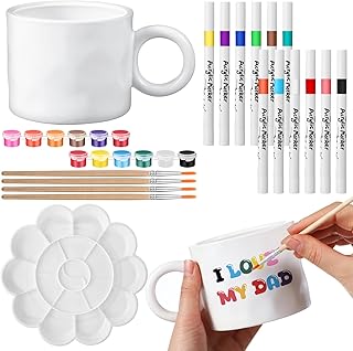Your Own Personalized Coffee Mug Kit Includes Blank White Coffee Mugs and Painting Supplies, Paint Your Own Mug Craft Set for Kids Adult Art Activity Father's Day Mother's Gifts(Round)