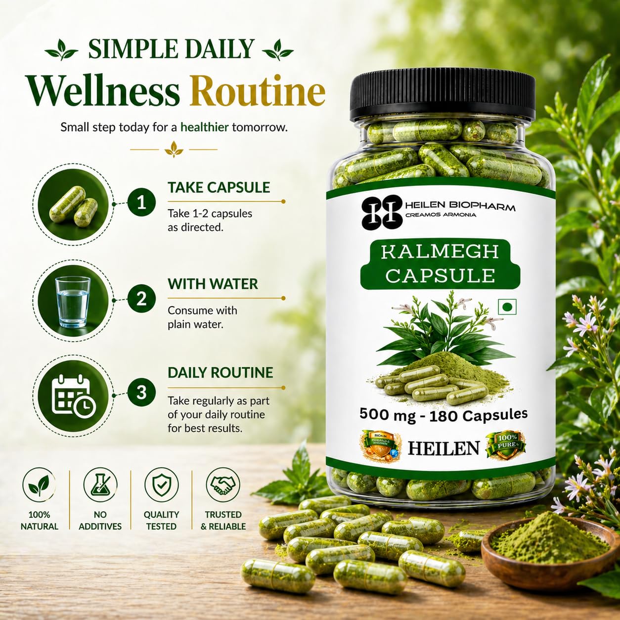 Heilen Biopharm Kalmegh Capsules 500mg (180 Capsules) | Kalmegh Herb (Andrographis paniculata) Ayurvedic Supplement | Supports Liver Wellness & Immunity | Vegetarian Capsules — Amazon image 6
