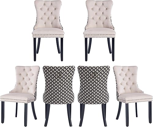 Miniatura 40 de Juego de 4 sillas de comedor de terciopelo, sillas de comedor tapizadas con ribete de cabeza de clavo, patas de madera, anillo de tracción, sillas