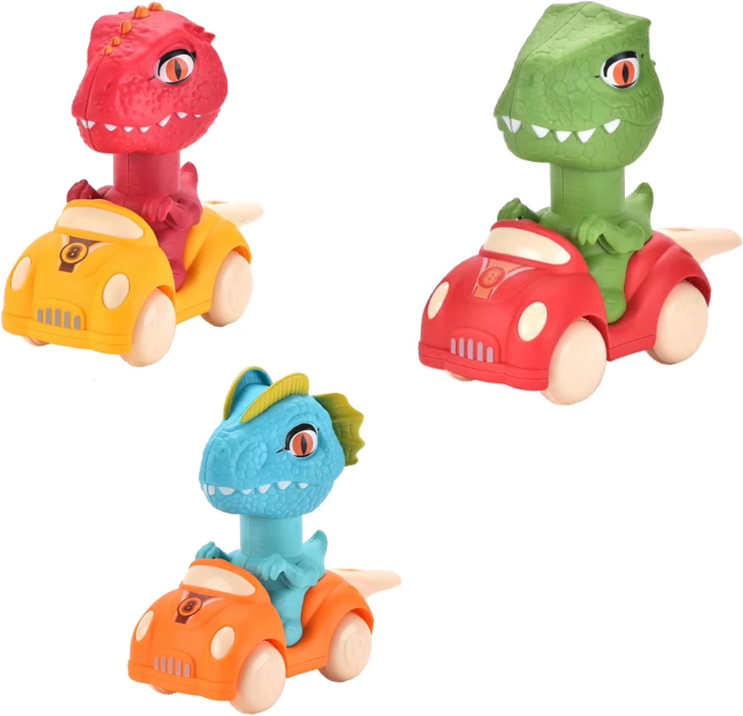 IndusBay® Pack of 3, Press and Go Dino Car Figure Toy Free Wheel Press from Top Move Forward, Whistle Toy Figure Gift for Kids Boys Girls, Multicolor