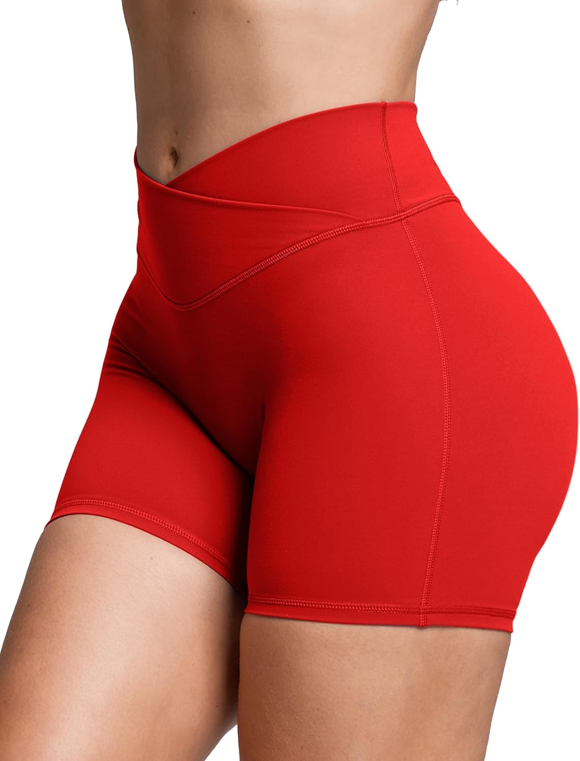 Sogetdo Women's Booty V Cross Spandex Yoga Biker Shorts No Front Seam High Waisted Butt Lifting Athletic Gym Workout Shorts