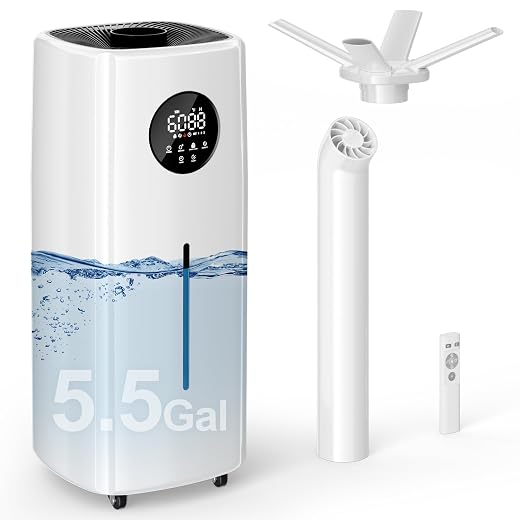 Uthfy 21L/5.5Gal Humidifier Large Room, 2000ml/h 3‑Nozzle 360° Whole‑Room Humidifiers 3000sq.ft, Top Fill & Water Tank Detachable,4 Atomizing Plates,Wheels for Indoor Plants