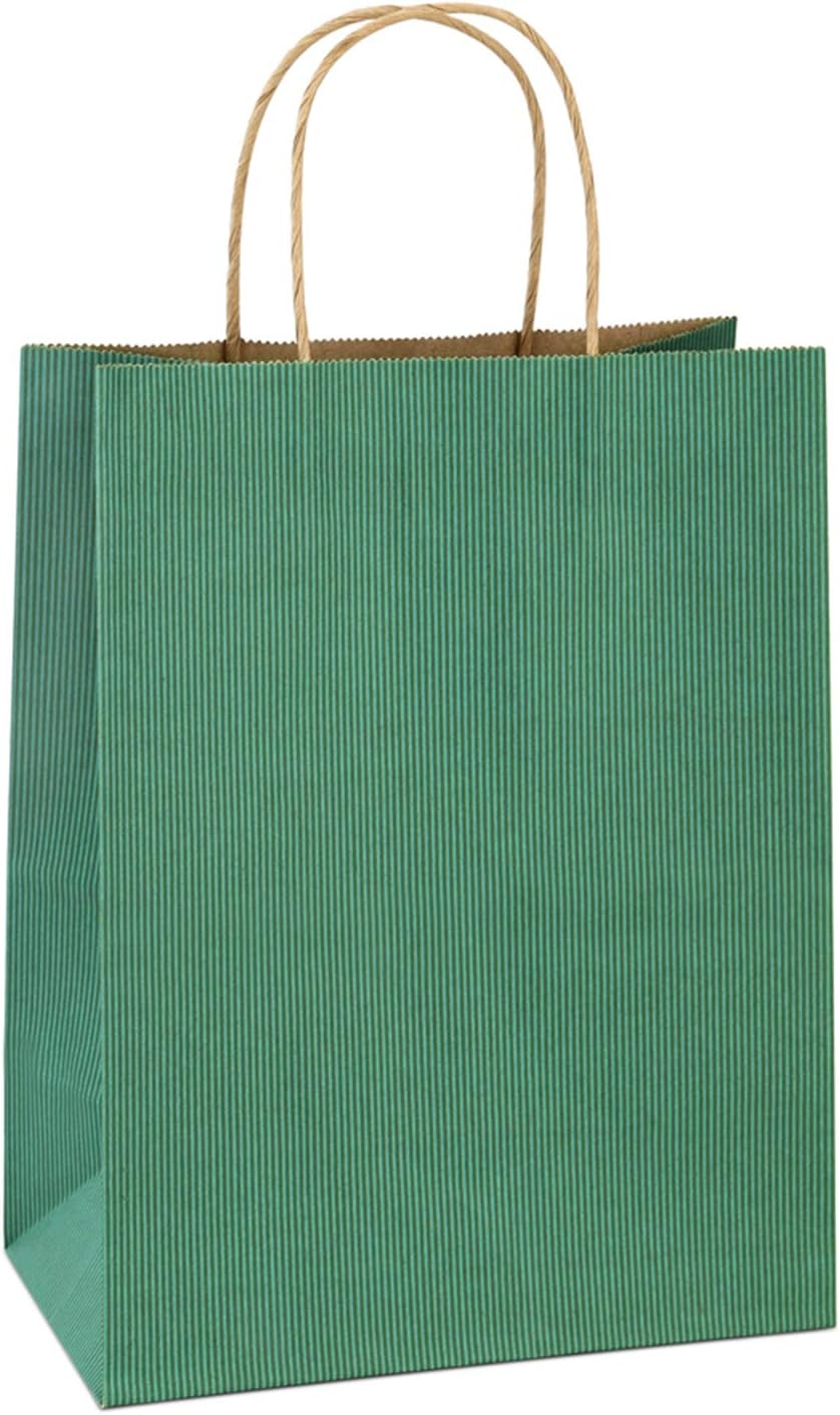 Medium Gift Bags with Handles 8x4.25x10.5 Inch Sage Green 25 Pack | Kraft Paper, Recycled, Sturdy Handles, Tiny Striped, For Gift Giving, Crafts, Party Favors, Christmas, Retail Packaging