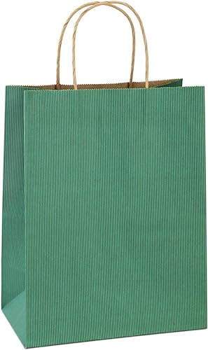 BagDream Bolsas de compras de 8 x 4.25 x 10.5 pulgadas, 100 bolsas de papel kraft de regalo con asas, rayas verdes, 100% recicladas, venta al por