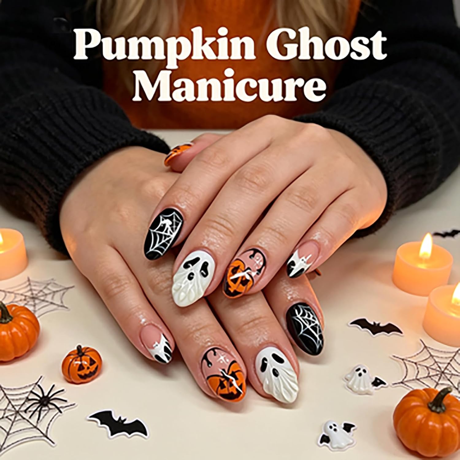 Halloween Medium Fake Nails Almond Nude Black Press on Nails Orange Pumpkin image 2