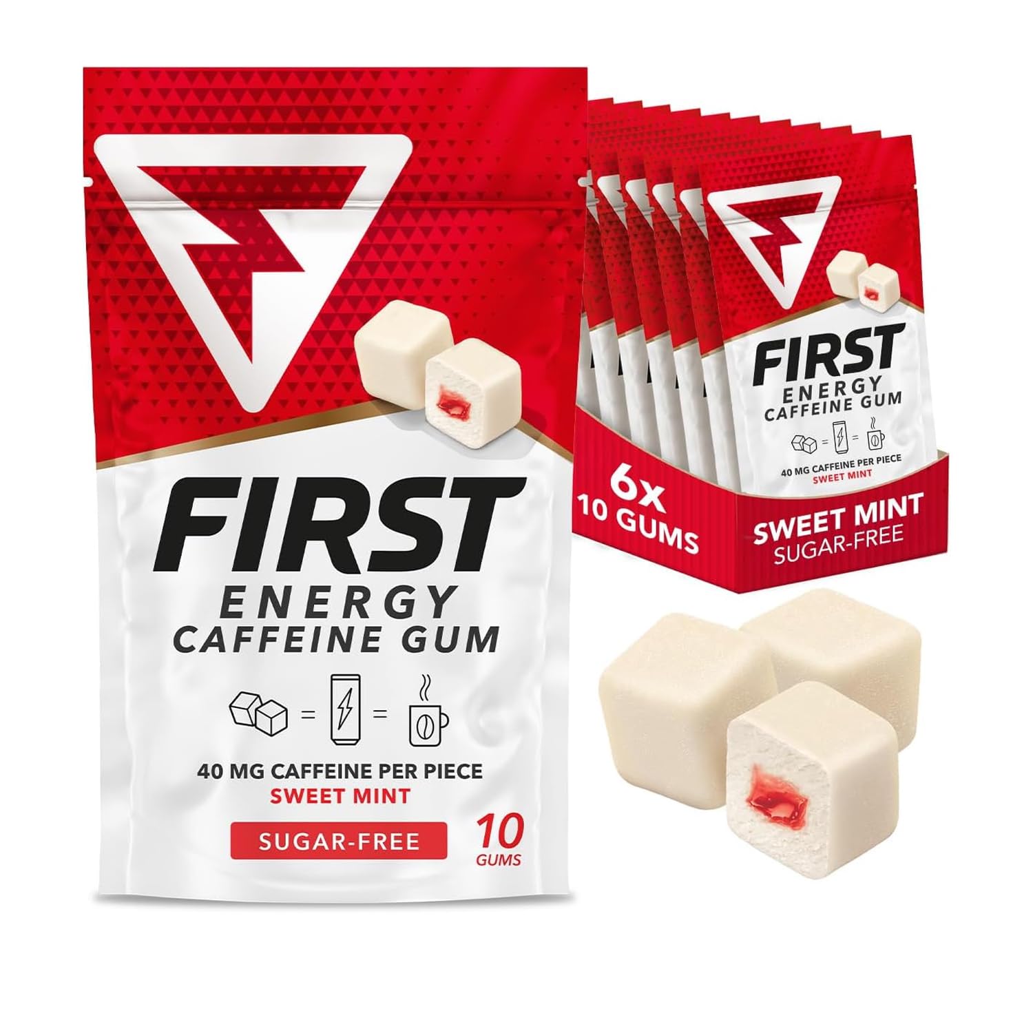 First Energy Caffeine Gum Sugar-Free, Fast-Acting Focus & Energy Gum Booster, Ideal for Sports, Work, Study, Drive & On-The-Go Alertness, Sweet Mint Flavor Chewing Gum, 6 Pack of 10 Pieces