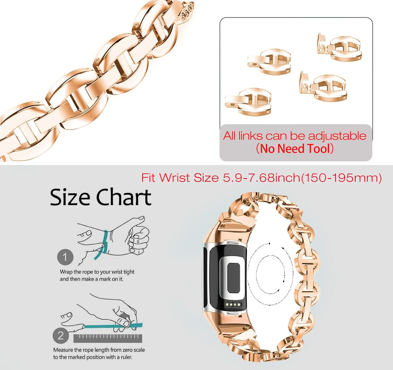 Abanen Crystal Alloy Bands for Fitbit Charge 6 / Charge 5, Bling Bands Adjustable Women Hollow-carved Lightweight Wristbands Strap Bracelet for Fitbit Charge 5 Advanced Tracker image 3