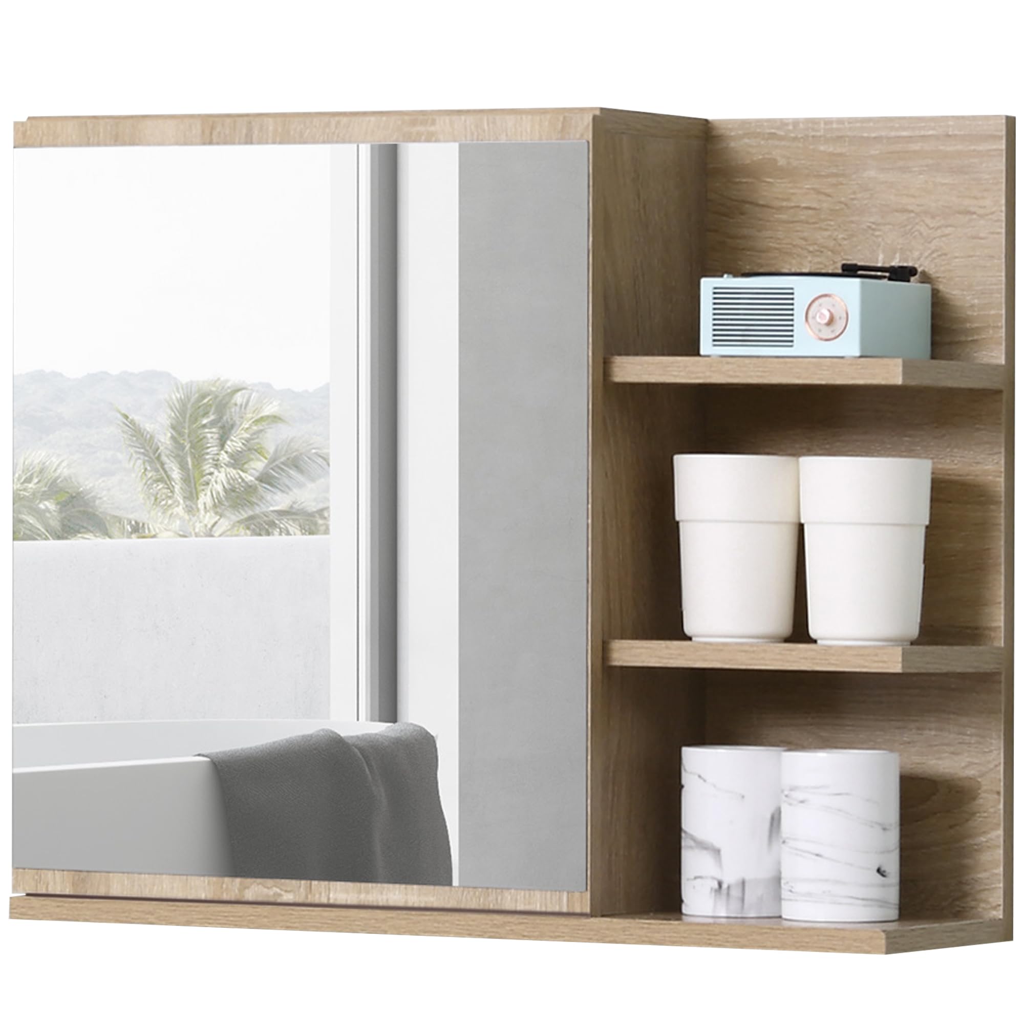 kleankin Mobile Specchiera Bagno a Parete, Armadietto Pensile con Anta a Specchio e 3 Ripiani Laterali in Legno, 60x18x50 cm, Color Legno