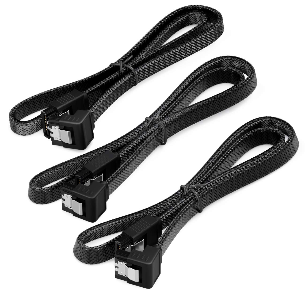 deleyCON 3x 30 cm Kabel SATA 3 Zestaw Nylonowy Kabel Danych 6 Gbit/s Kabel Połączeniowy SATA III Kabel Połączeniowy Serial ATA Płyty Głównej i Dysku Twardego HDD SSD 1 Wtyk S-ATA L Kątowy 90° Czarny