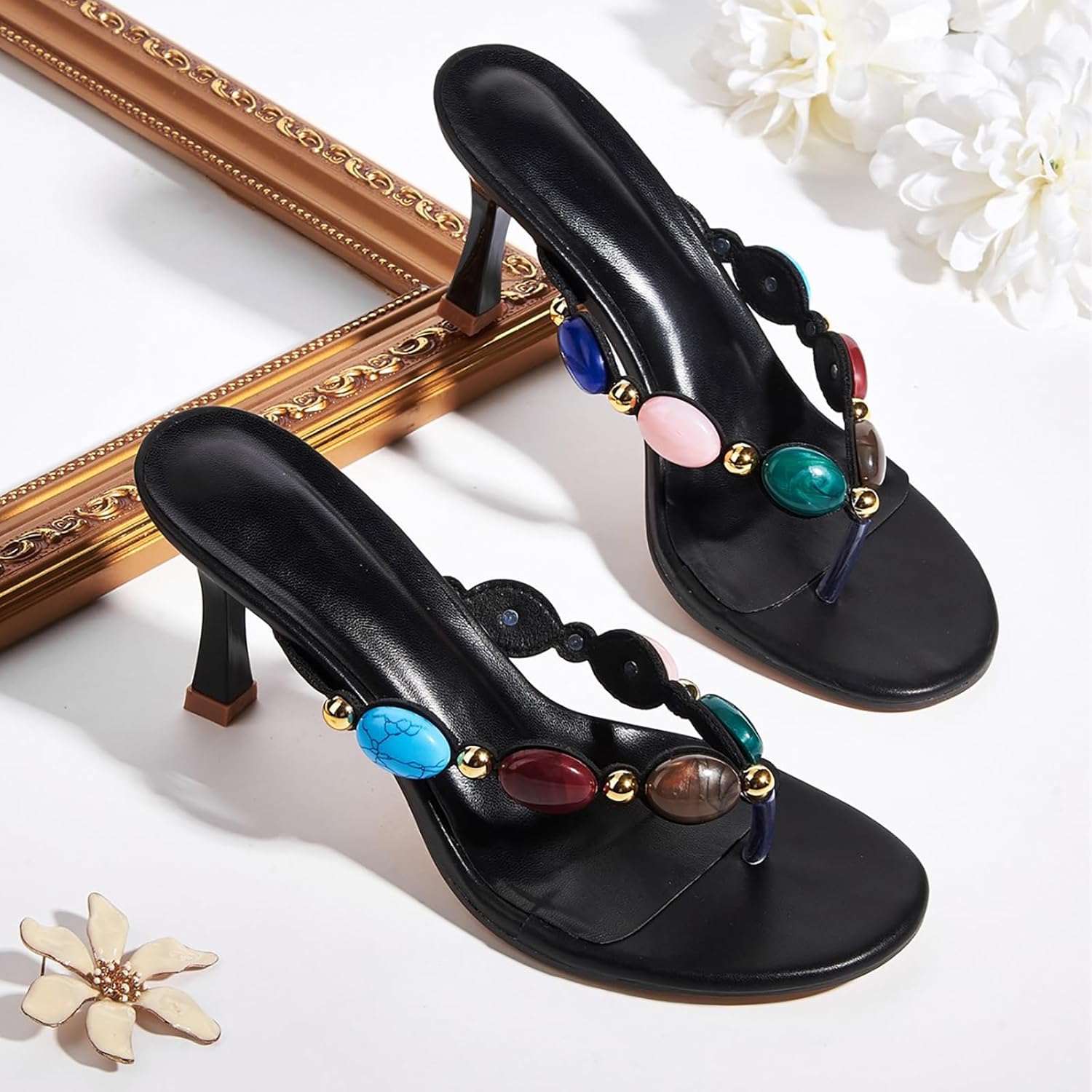 Women's Jeweled stiletto Flip Flops Sexy Slip on Comfortable heel Strappy Thong Sandals Summer Round open toe wedding party dress mules - Image 3