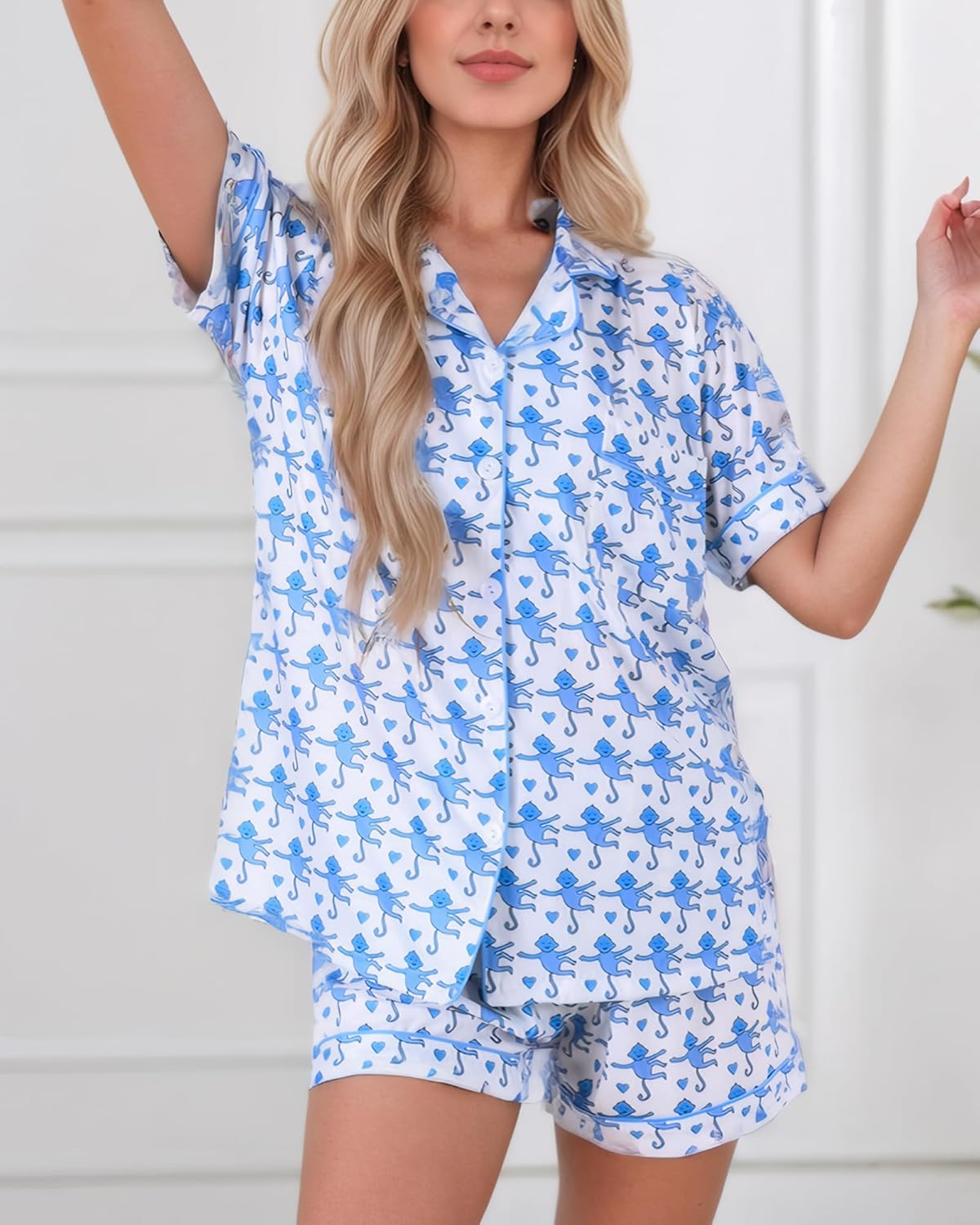 Women Y2k Pajamas Set Cute Preppy 2PCS Button Down Holiday Monkey Shorts Summer Outfit Beach Vacation Loungewear Pjs - Image 2