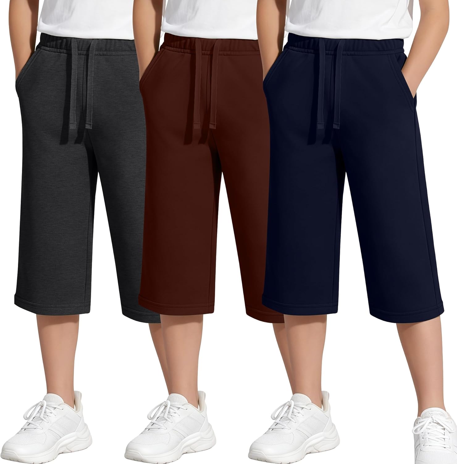 3 Pack Boy's Capri Pants Wide Leg Athletic 3/4 Joggers Kids Lightweight Cropped Sweatpants with Pockets 6-16 Years