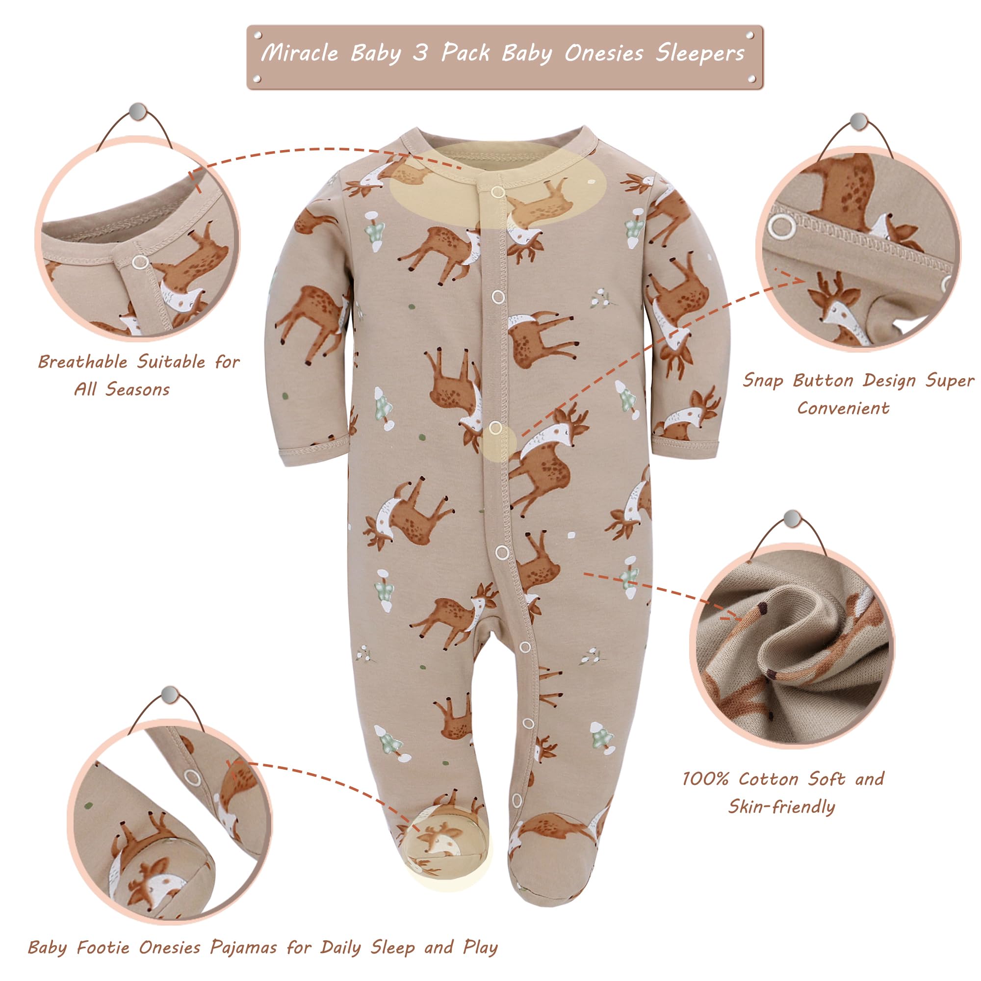 3PCS Baby Schlafstrampler Babychlafanzug Babyschlafsack Baumwolle mit Füßen mit knöpfen Gr. 56 62 68 für Junge Mädchen Neugborenen