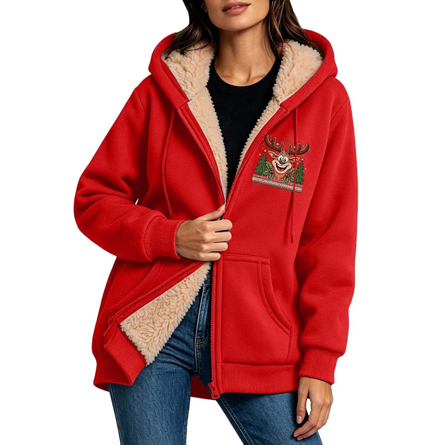 Weihnachtspullover Damen Lustig Fleece Gefüttert Sweatjacke Winter Hoodie | Guhmomh Rot XL Sweatshirt Jacke mit Kapuze Teenager Mädchen Kapuzenjacke Weihnachten Oberteile Christmas Weihnachtspulli, Bild 8