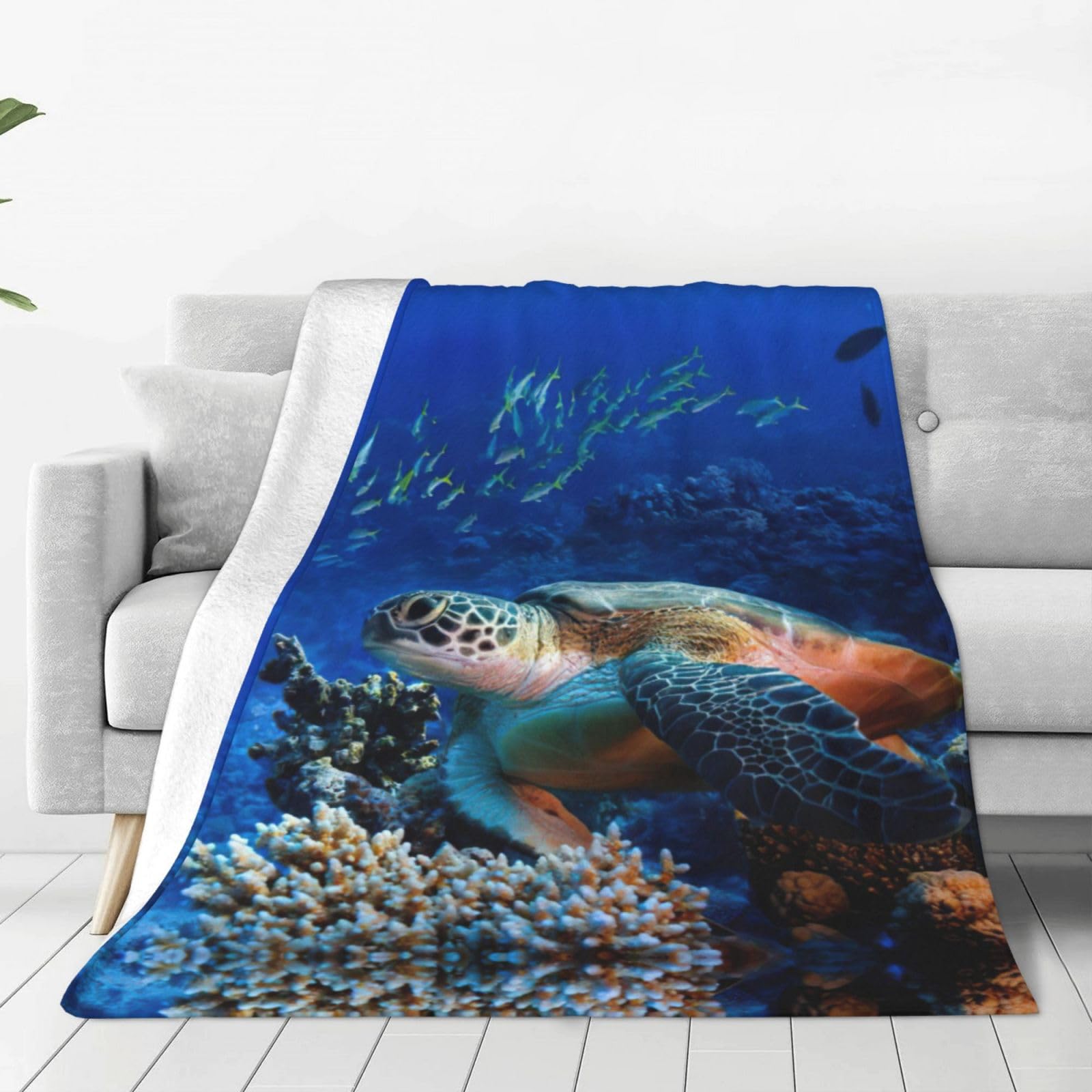Couverture polaire légère tortue de mer plaid lit canapé bleu