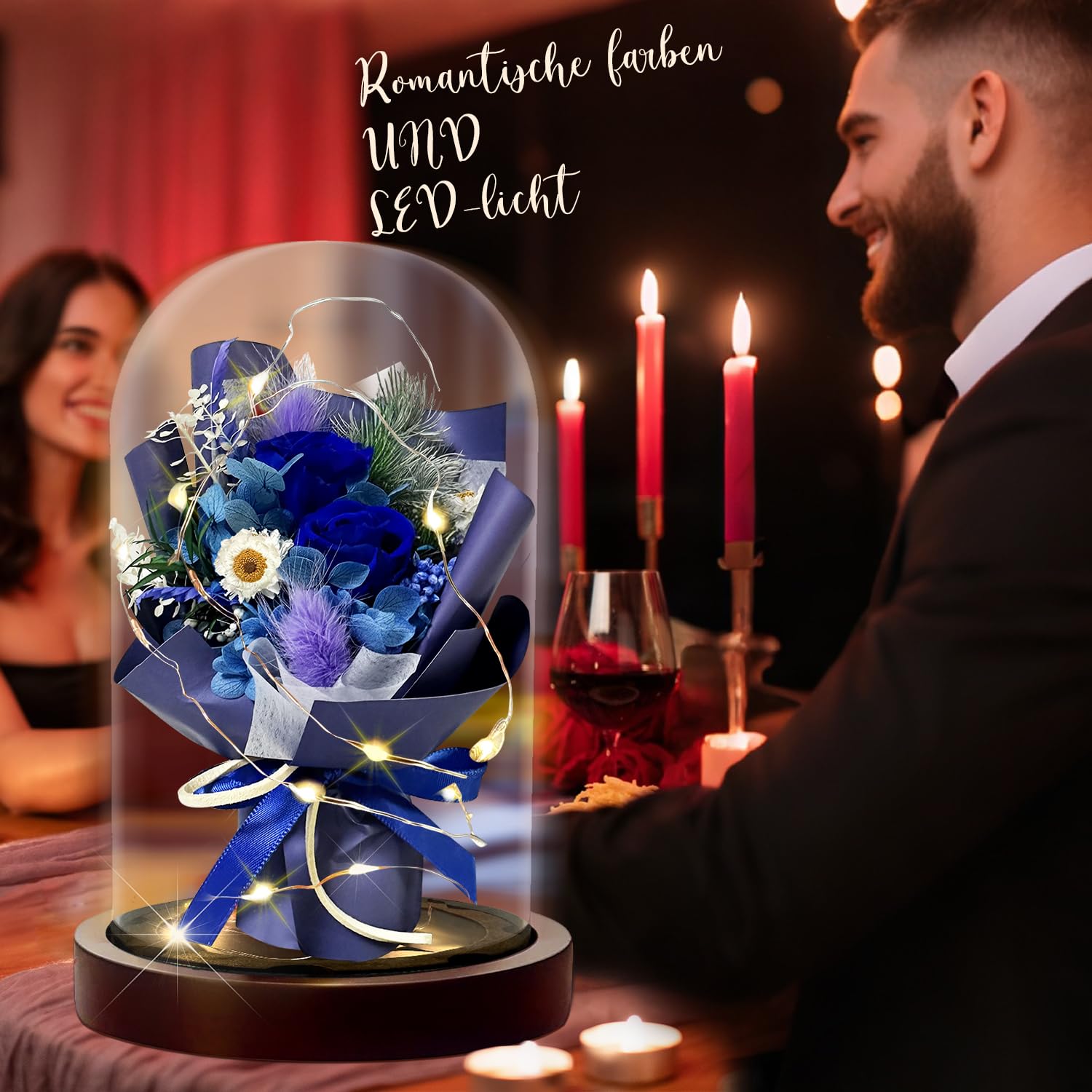 Regalo para mujeres, rosa eterna en cristal con LED, ramo de rosas azules, decoración para el hogar, flores reales duraderas para mamá, novia, esposa, abuela (azul)