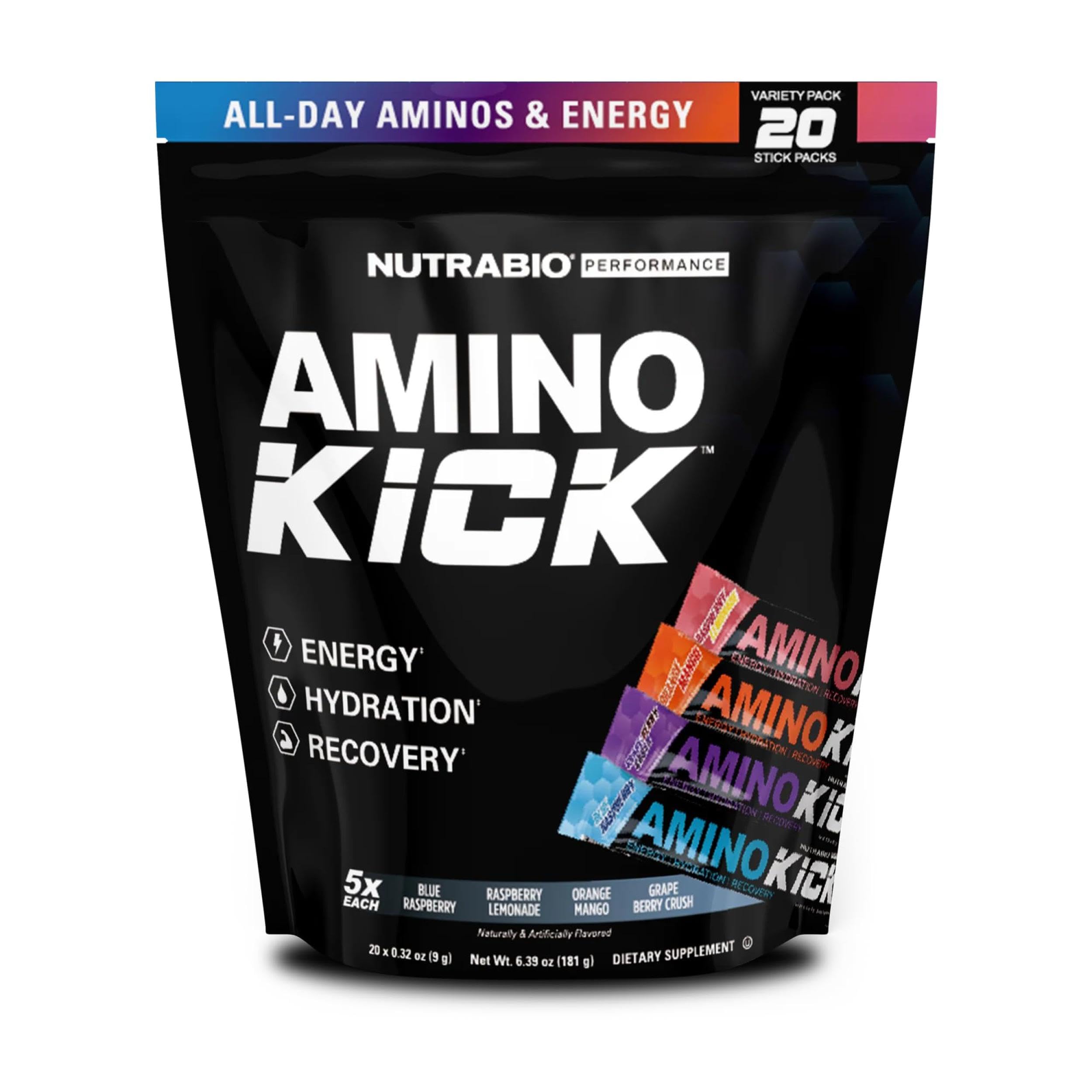 - NutraBio – Amino Kick – All in One Performance Formula Energy, Hydration, Recovery 20 Servings, (Variety Pack) – 6g Amino Acids – Support Muscle Building