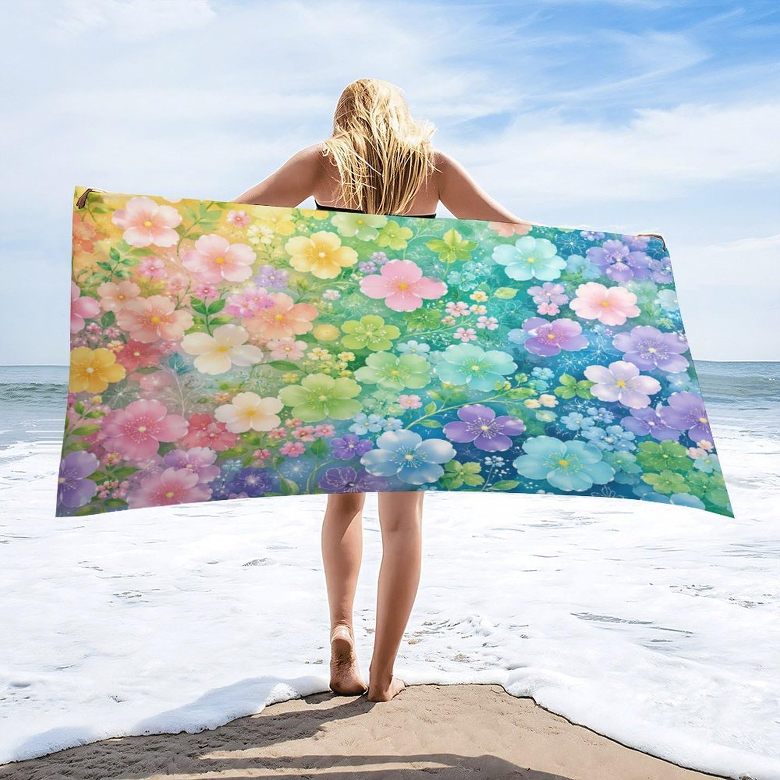 Anceky Colorful Floral Beach Towel 32"×63",Soft Microfiber Bath Towel Shawl, Quick Dry Absorbent Pool Spa Gym Shower Towel