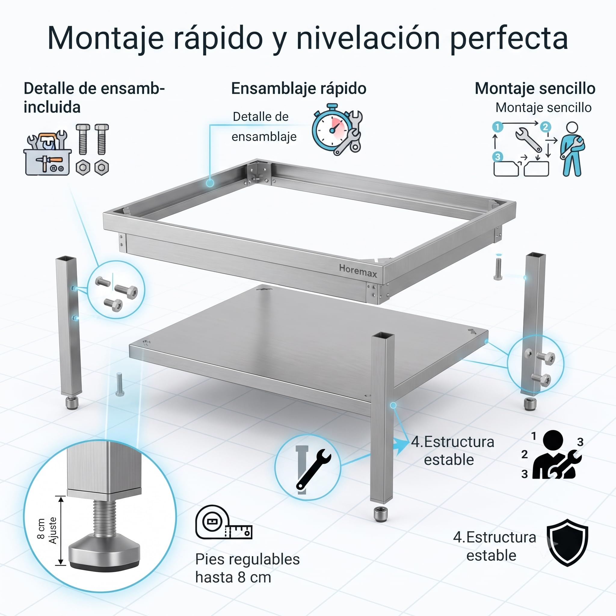 Mesa de Trabajo Central Baja de Acero Inoxidable AISI 304 con Estante Inferior, Mesa Auxiliar para Cocina Industrial y Hostelería, 700 x 600 x 600 mm