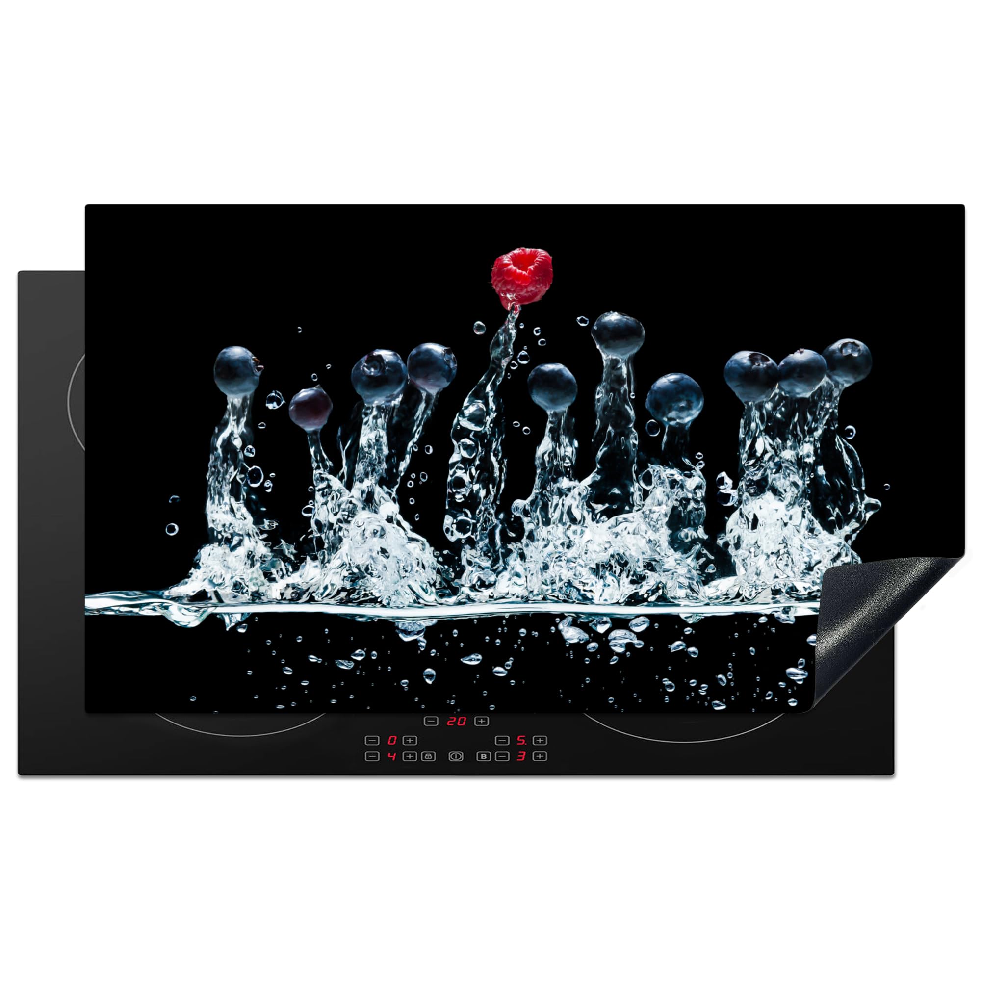 KitchenYeah© Induction Hob Cover Protector Mat 20.5"x35.4" / 90x52 cm Kitchen Universal Ceramic Covers for Electric Cookers Vinyl Berries - Water - Black - Fruit - Raspberry
