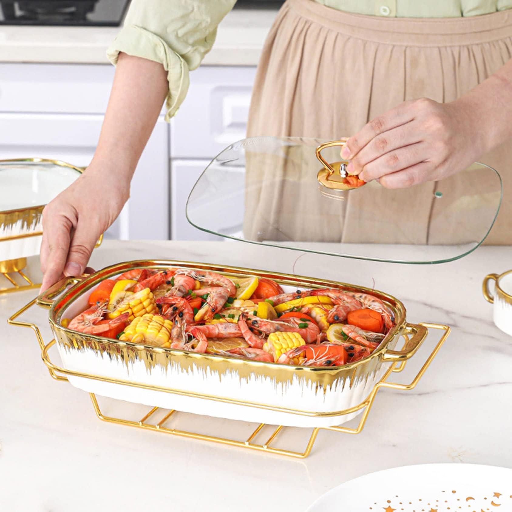 Chafing Dish Ceramics Chafer Buffet Server Warming Tray Food Buffets Food Warmer for Parties Buffet Set Chaffing Dishes Wedding,Parties,Banquet,Catering Events (Color : White, Size : 27.5cm)